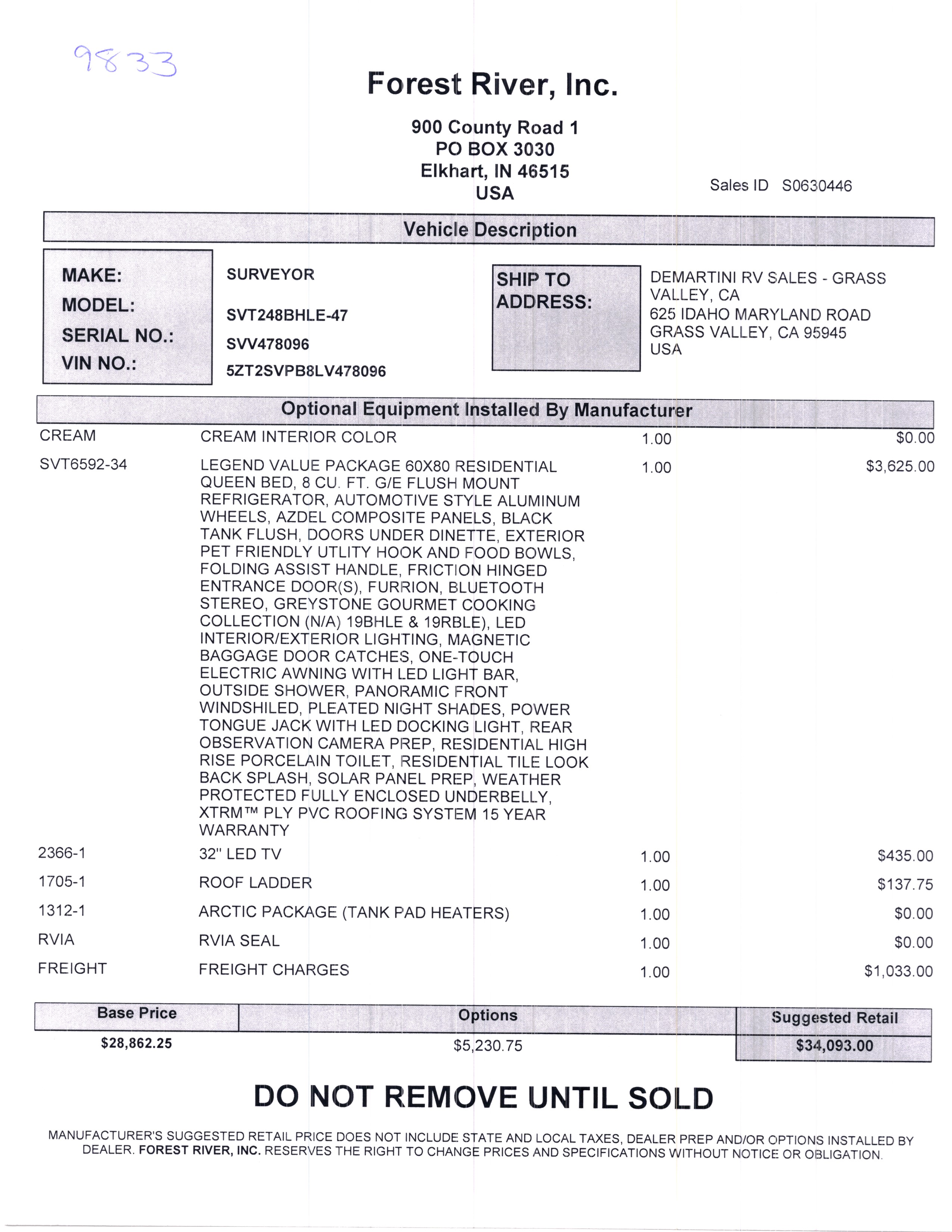 2020 Forest River Surveyor Legend 248BHLE MSRP Sheet