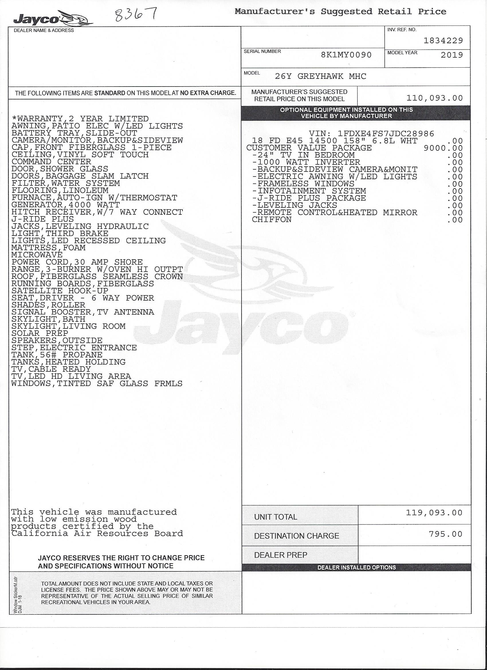 2019 Jayco Greyhawk 26Y MSRP Sheet