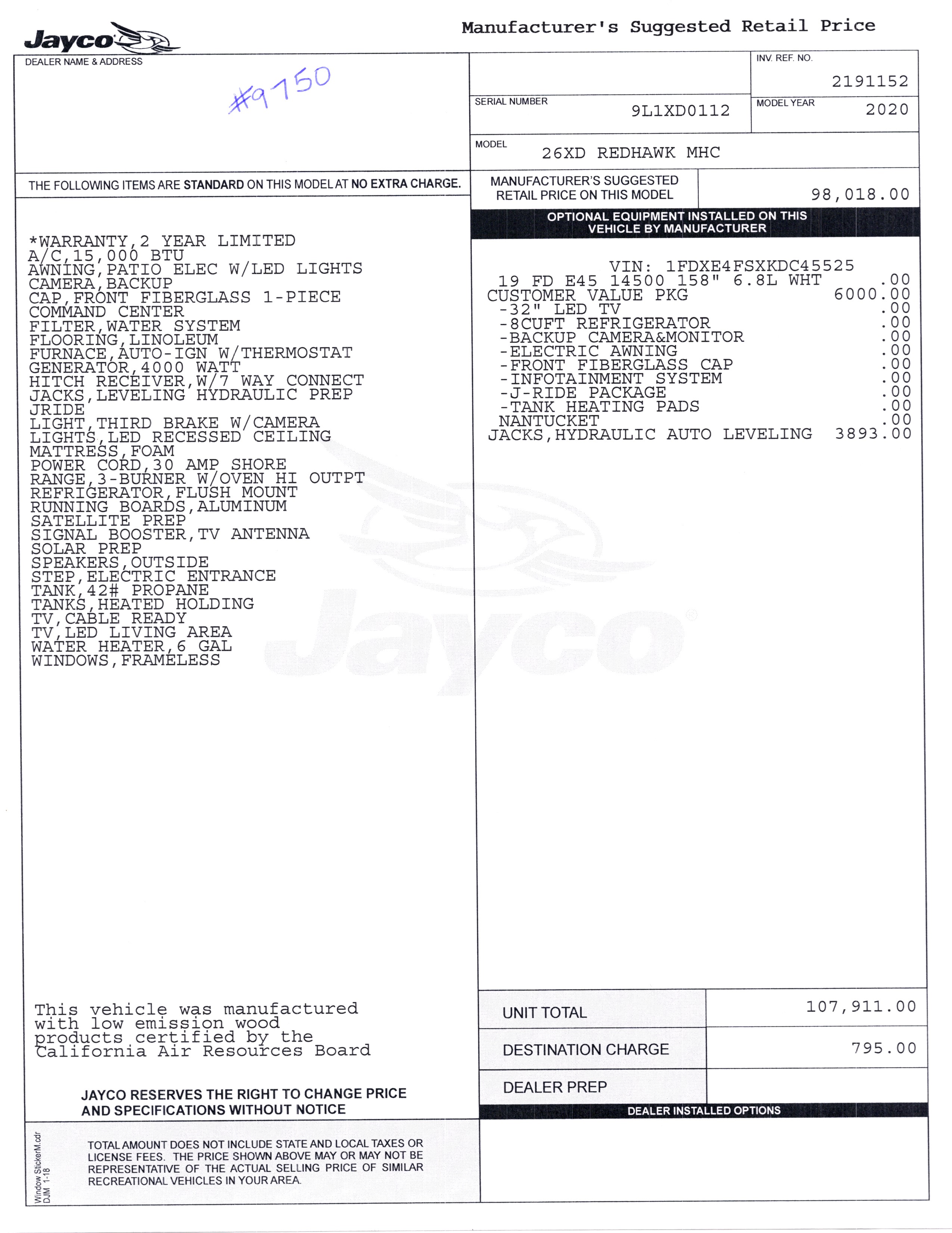 2020 Jayco Redhawk 26XD MSRP Sheet