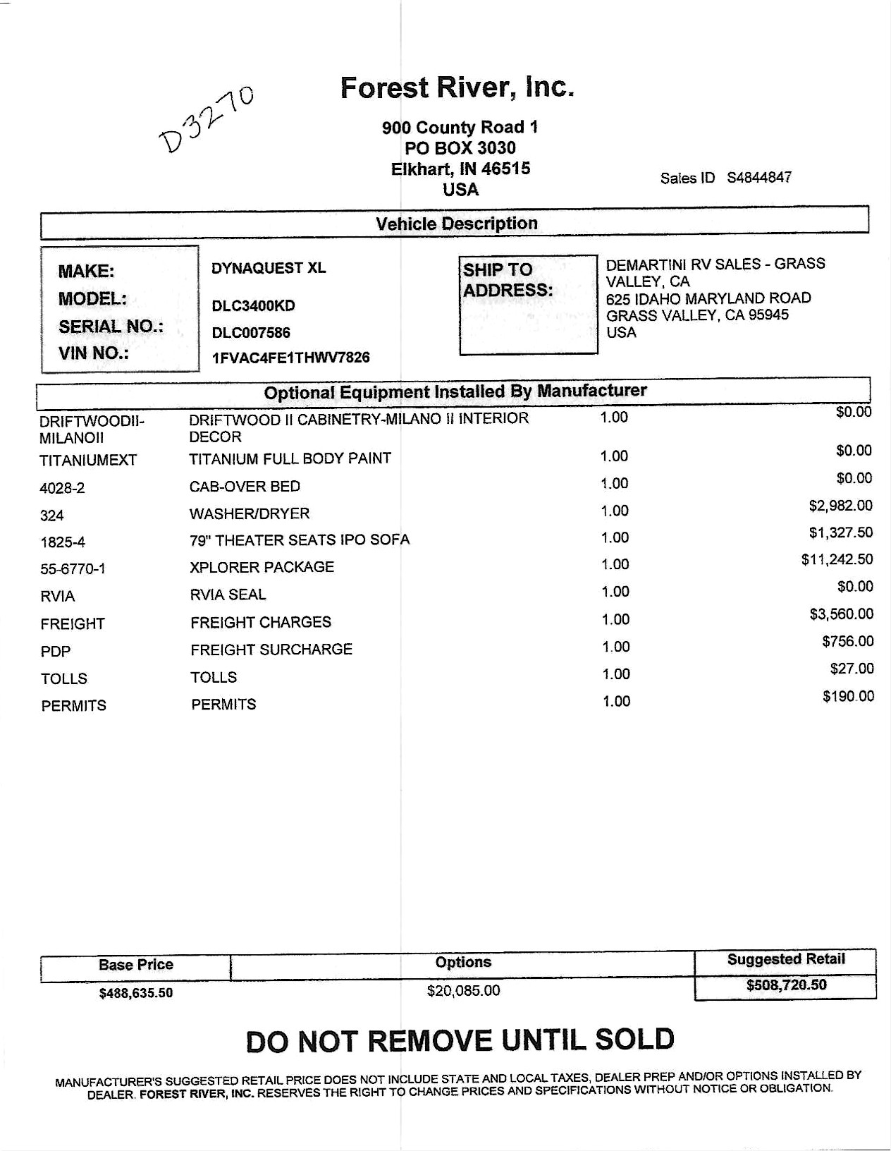2027 Dynamax Dynaquest XL 3400KD MSRP Sheet