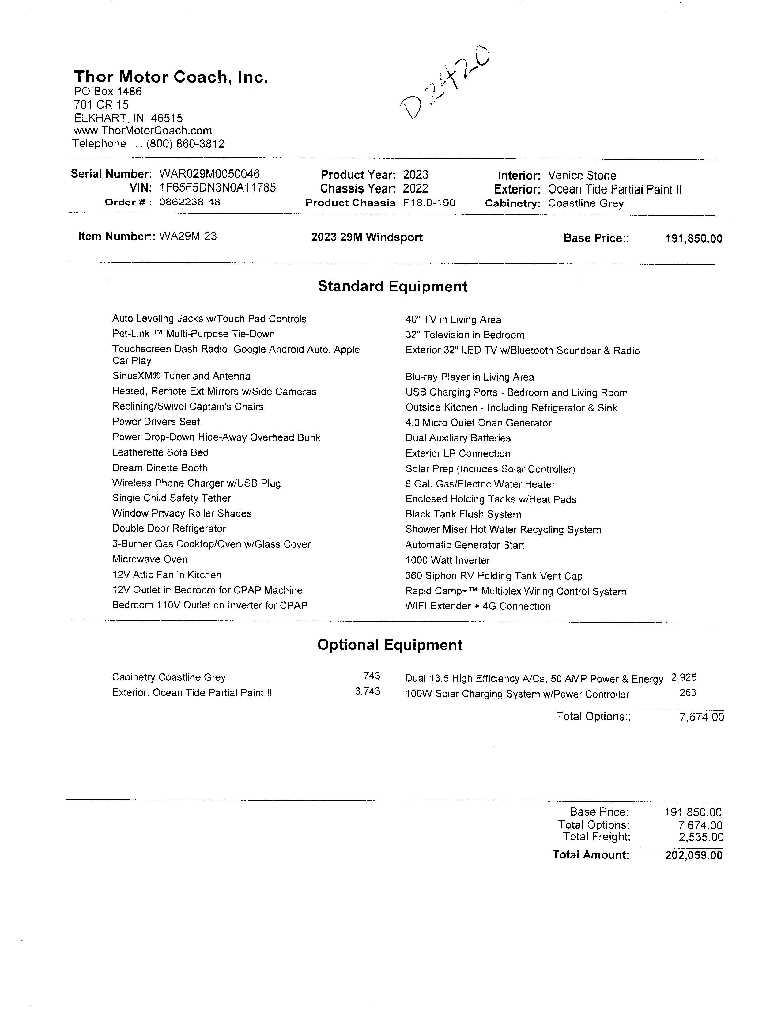 2023 Thor Windsport 29M MSRP Sheet