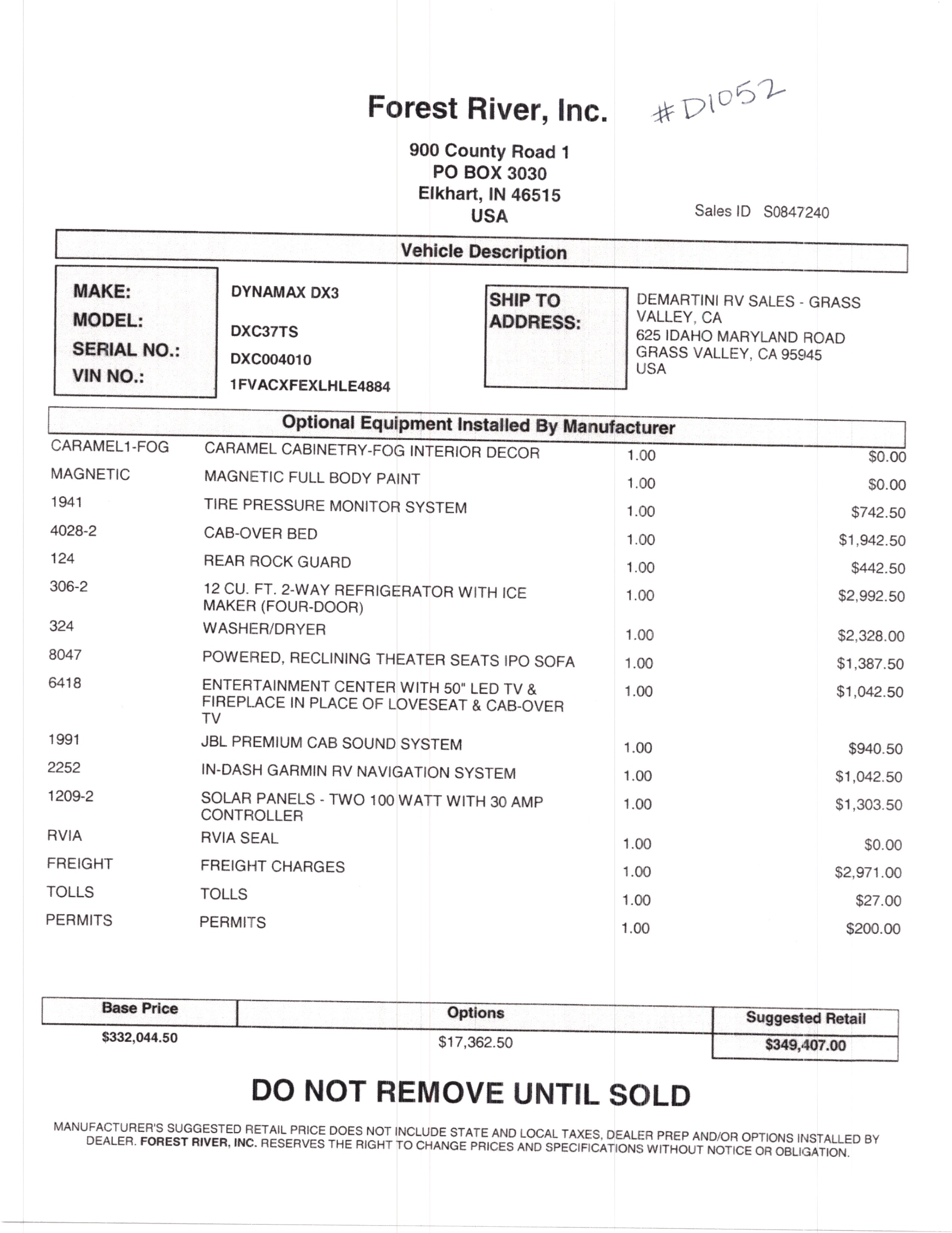 2021 Dynamax DX3 37TS MSRP Sheet