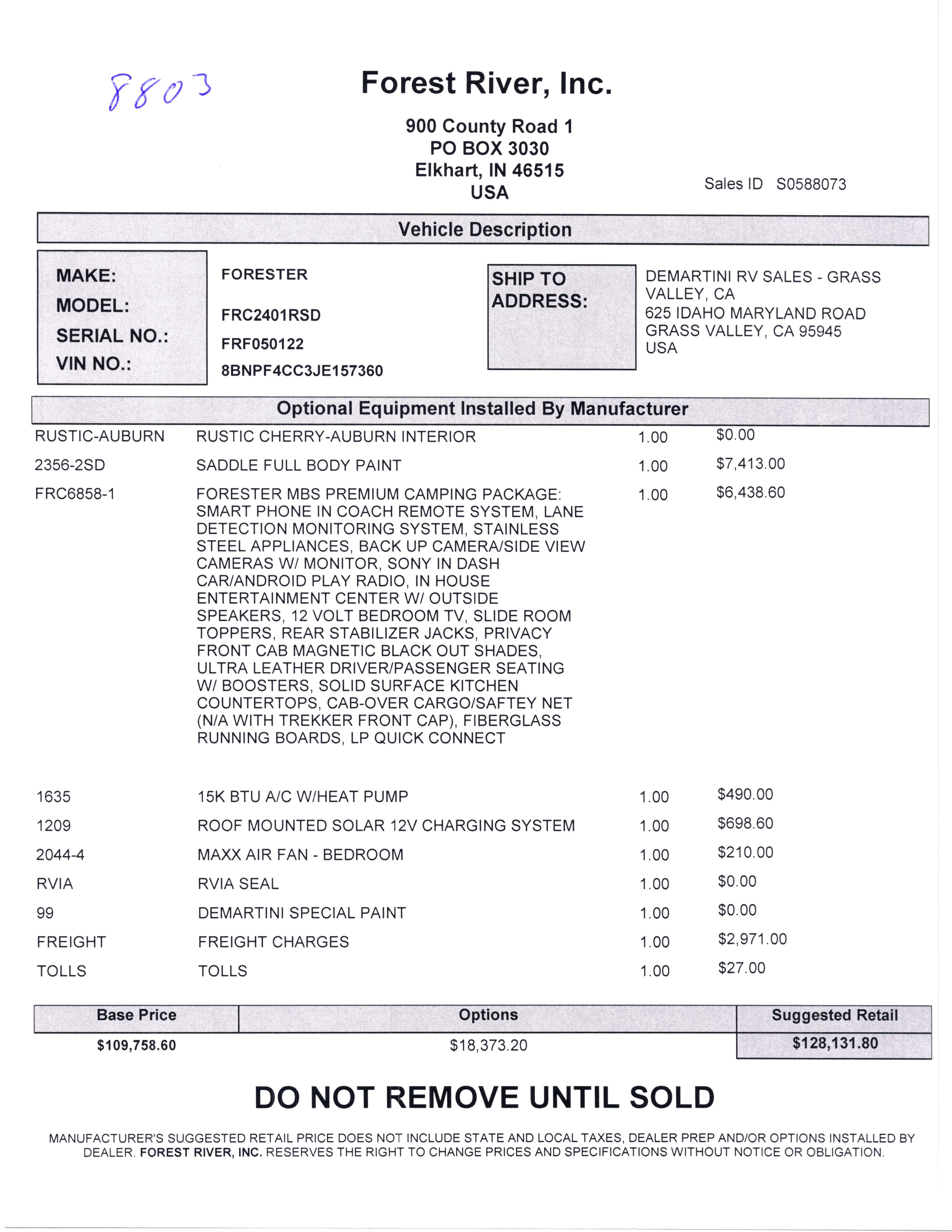 2020 Forest River Forester MBS 2401R MSRP Sheet