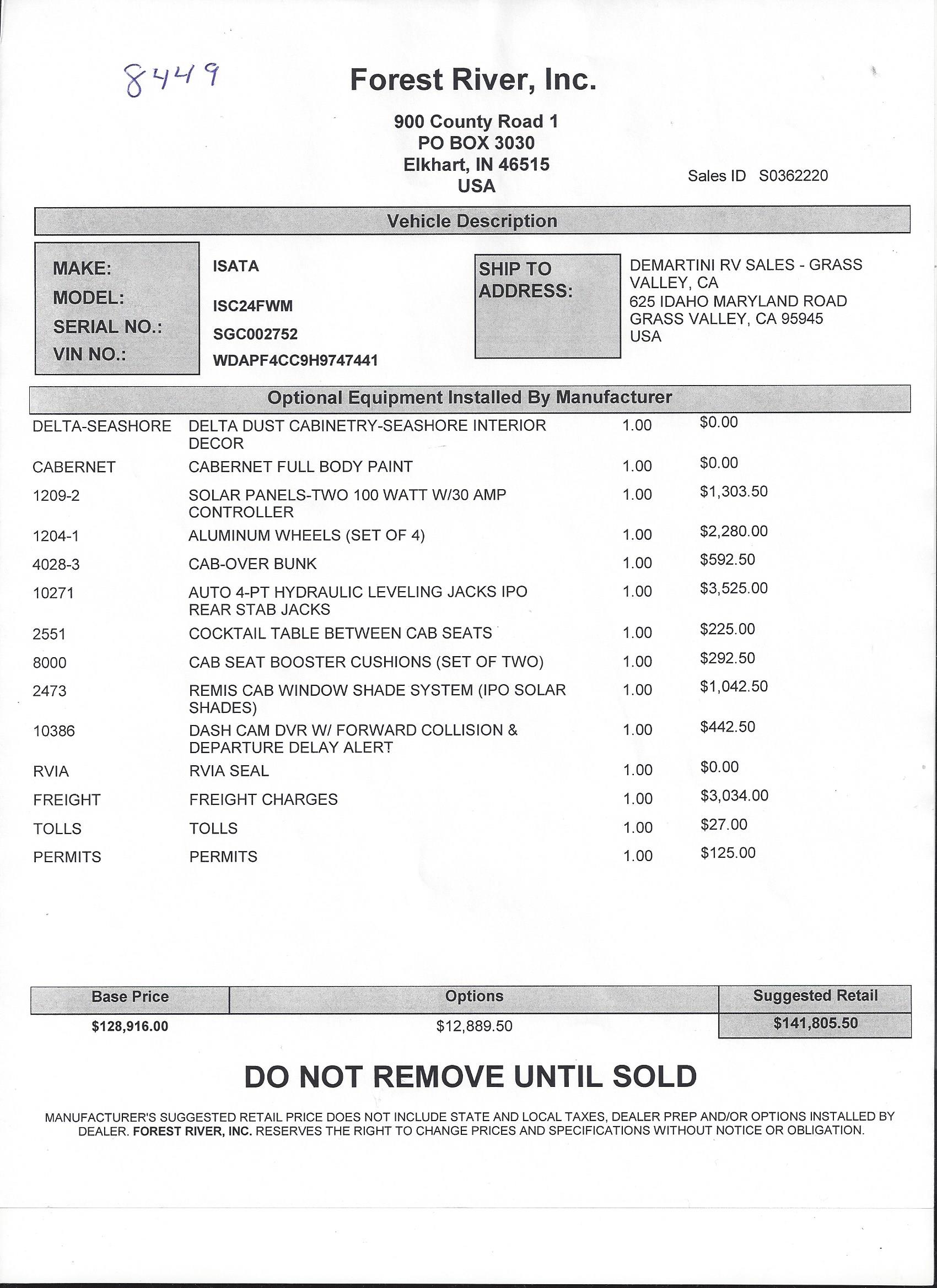 2019 Dynamax Isata 3 24FW MSRP Sheet