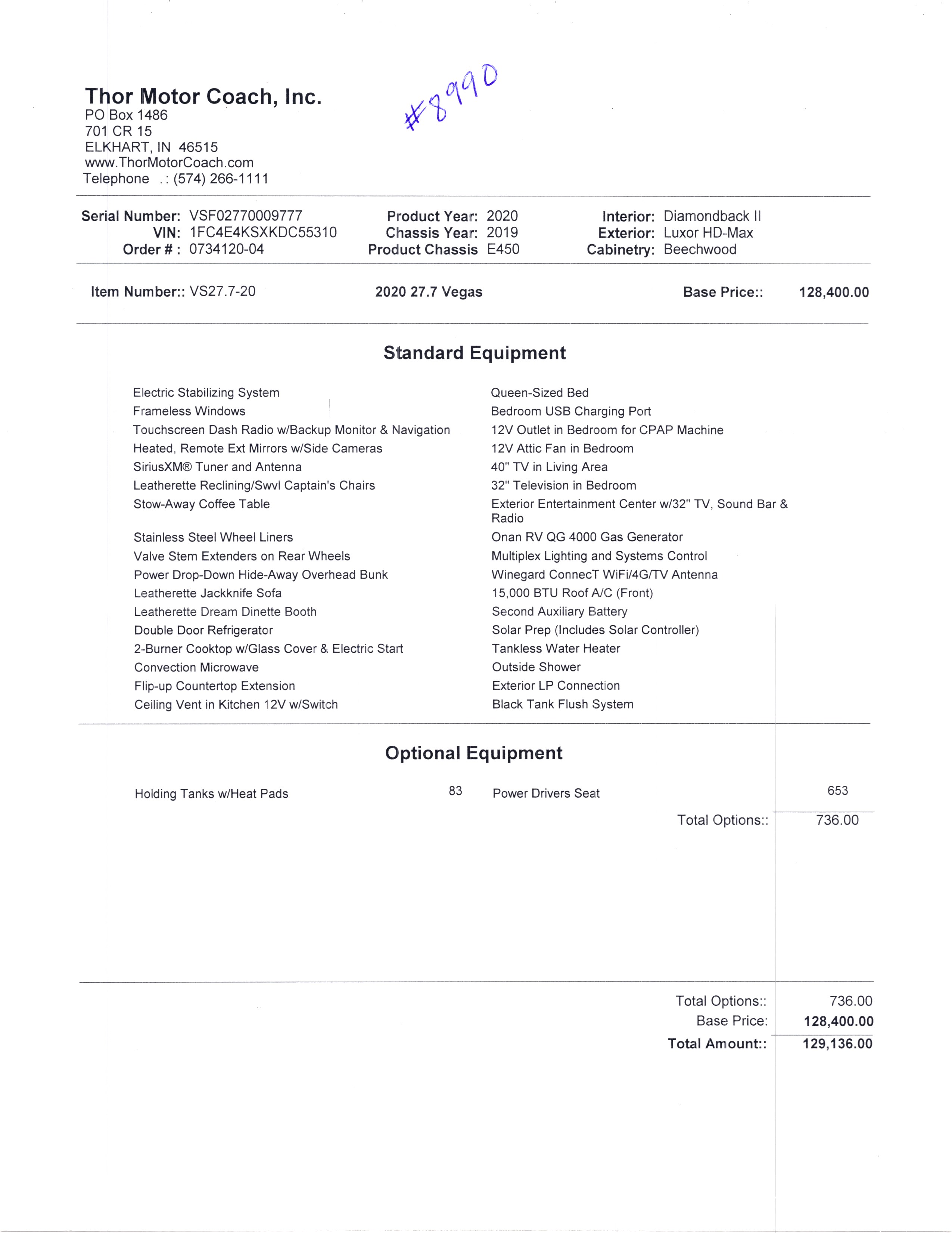 2020 Thor Vegas 27.7 MSRP Sheet