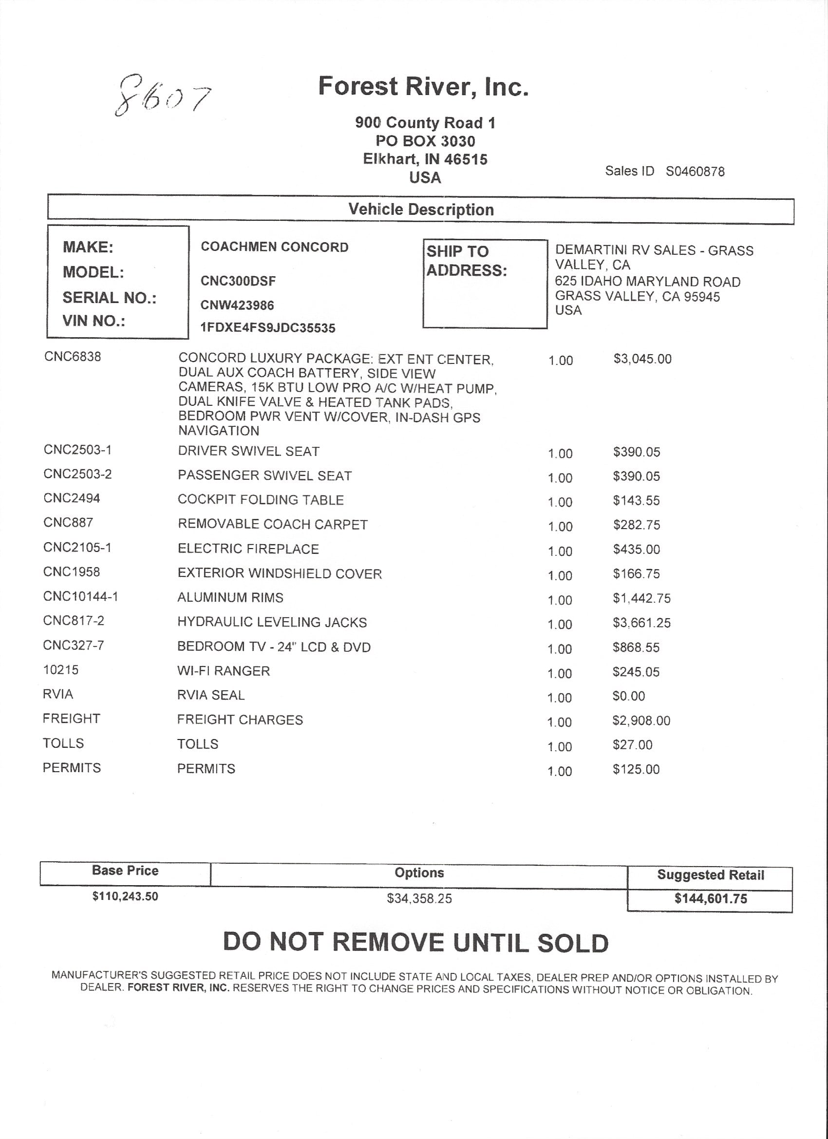 2019 Coachmen Concord 300DS MSRP Sheet