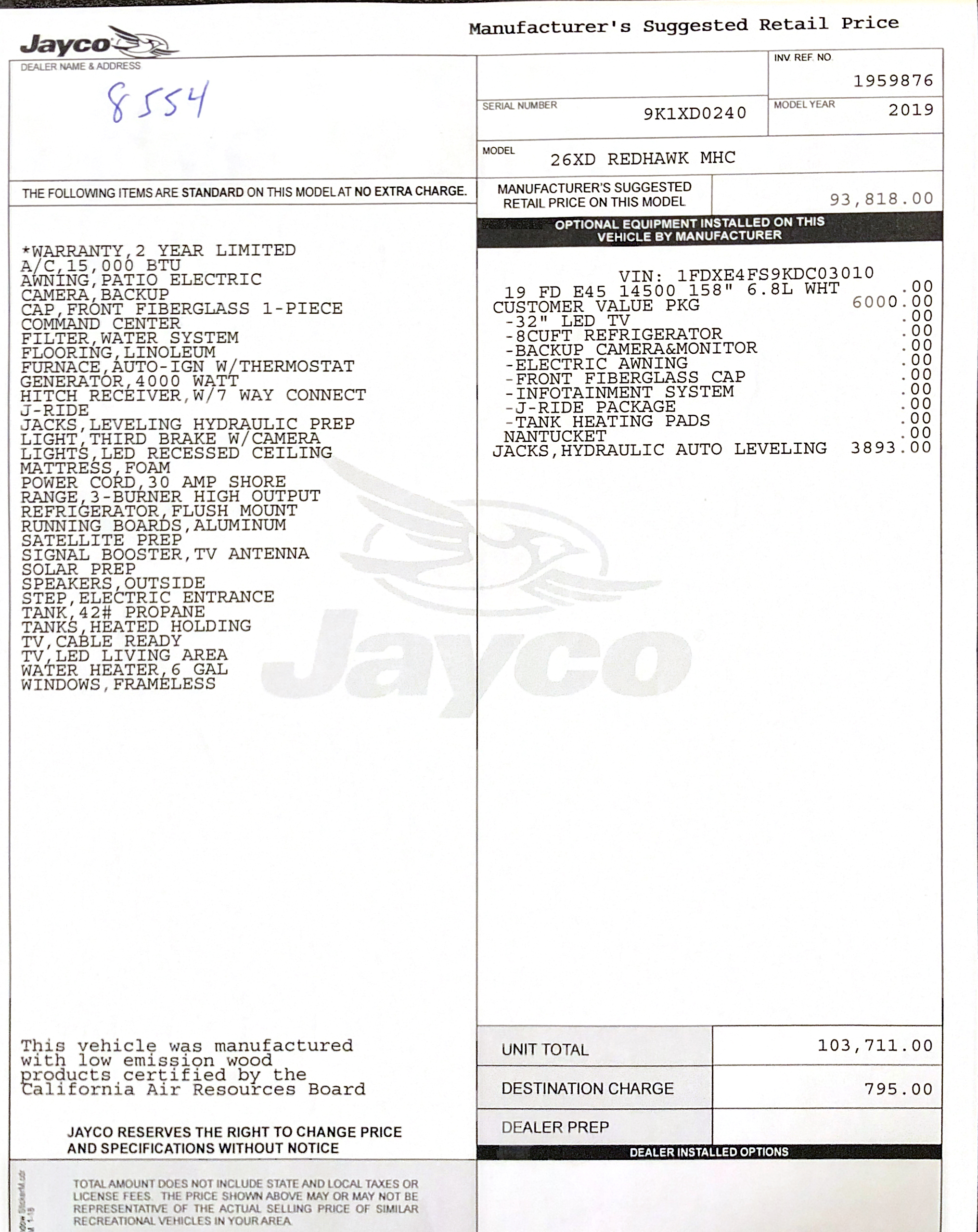 2019 Jayco Redhawk 26XD MSRP Sheet