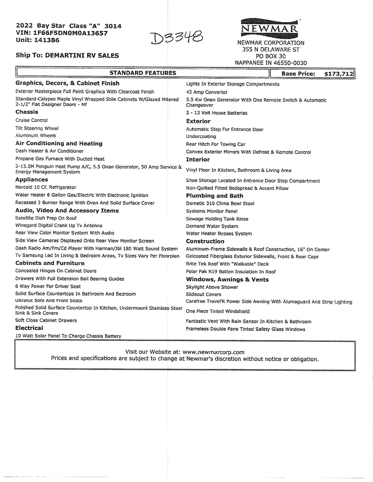 2022 Newmar Bay Star 3014 MSRP Sheet