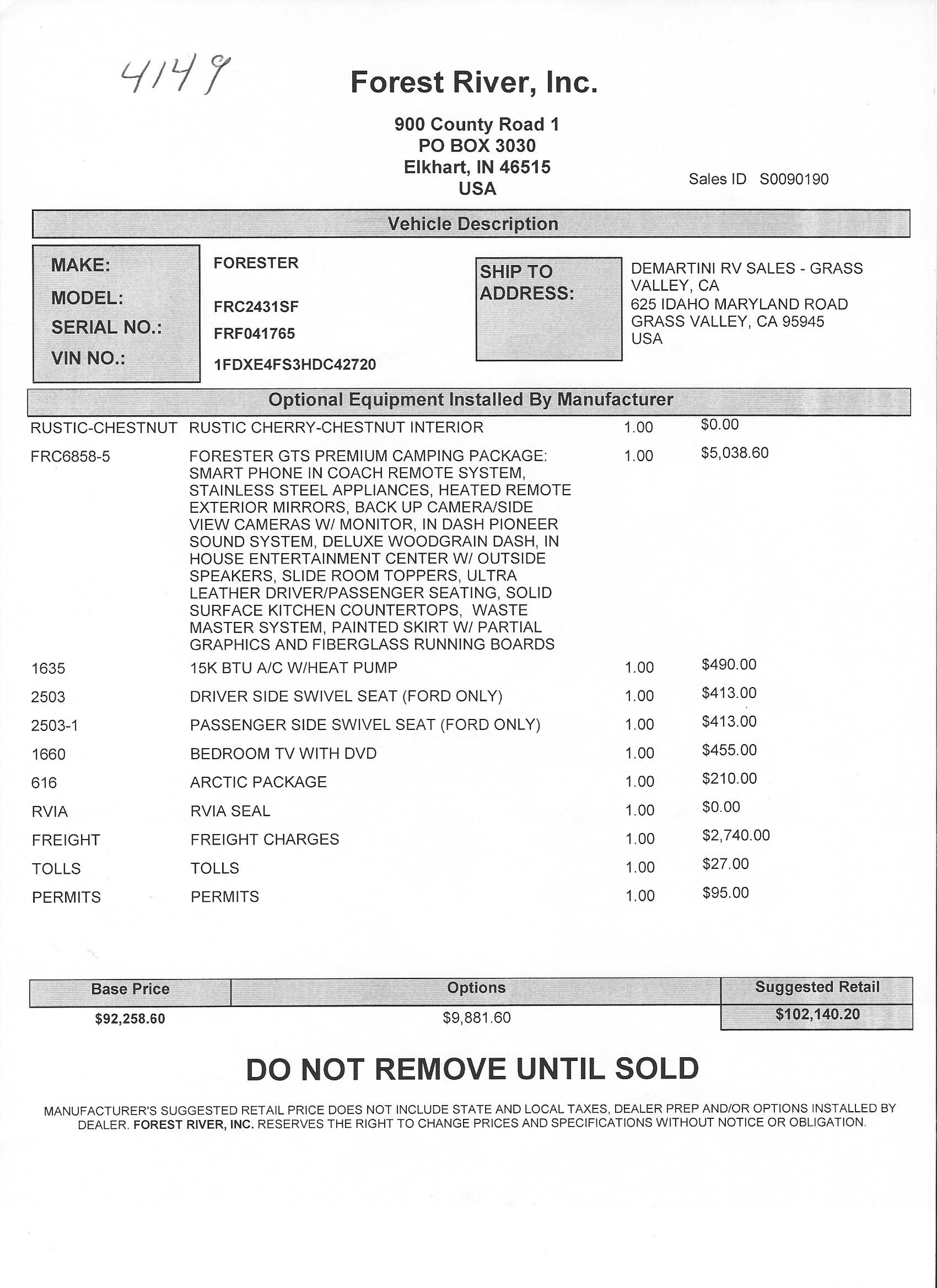 2018 Forest River Forester GTS 2431S MSRP Sheet