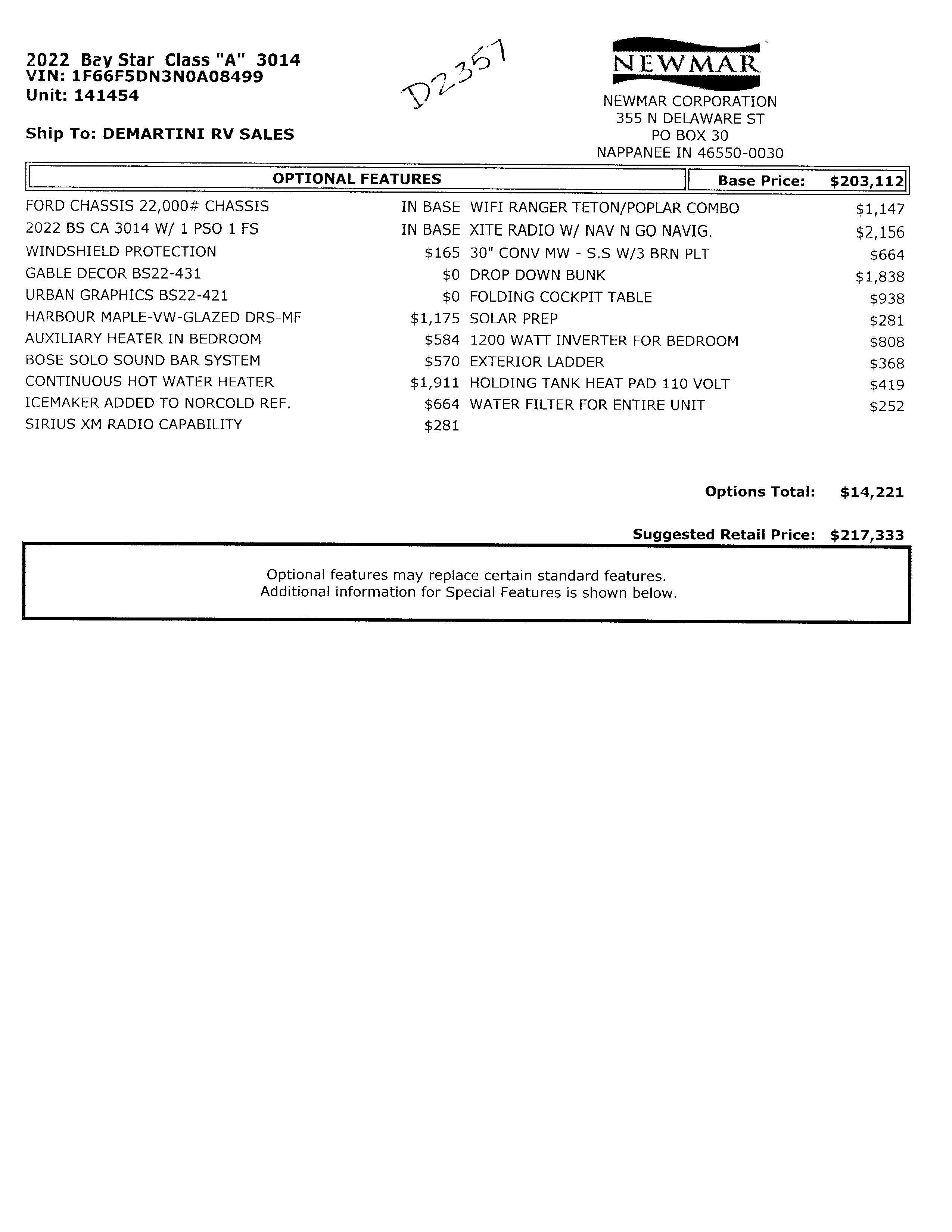 2022 Newmar Bay Star 3014 MSRP Sheet