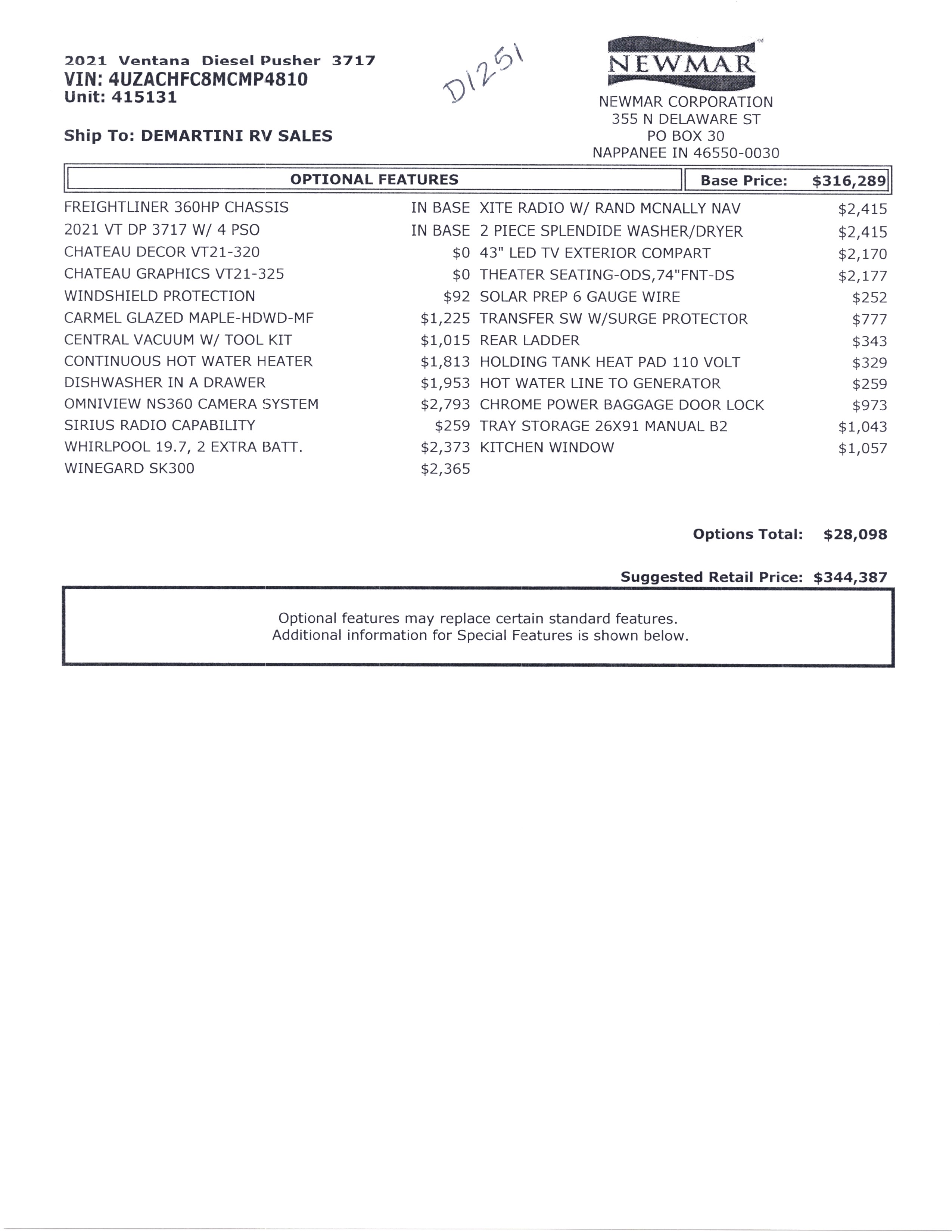2021 Newmar Ventana 3717 MSRP Sheet