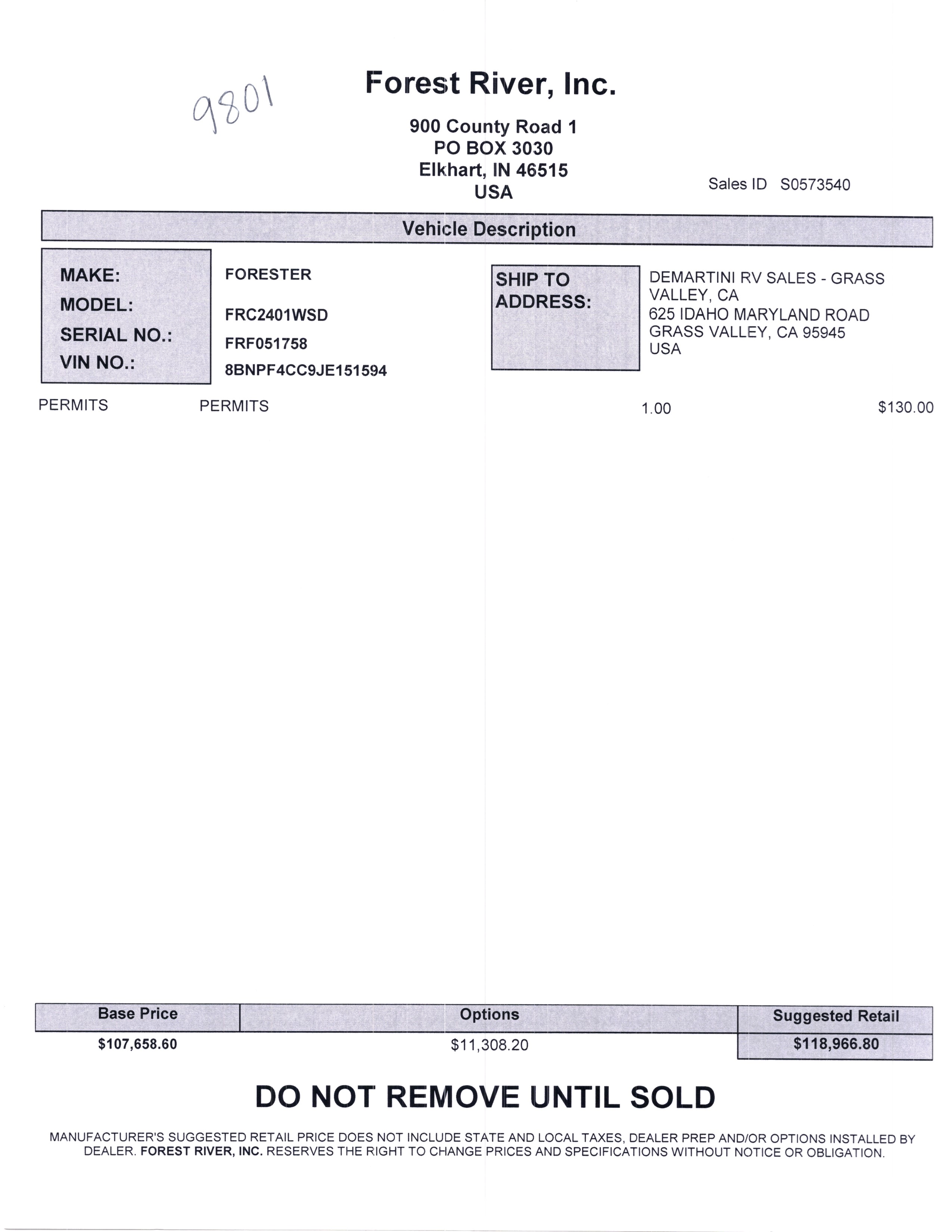 2020 Forest River Forester MBS 2401W MSRP Sheet