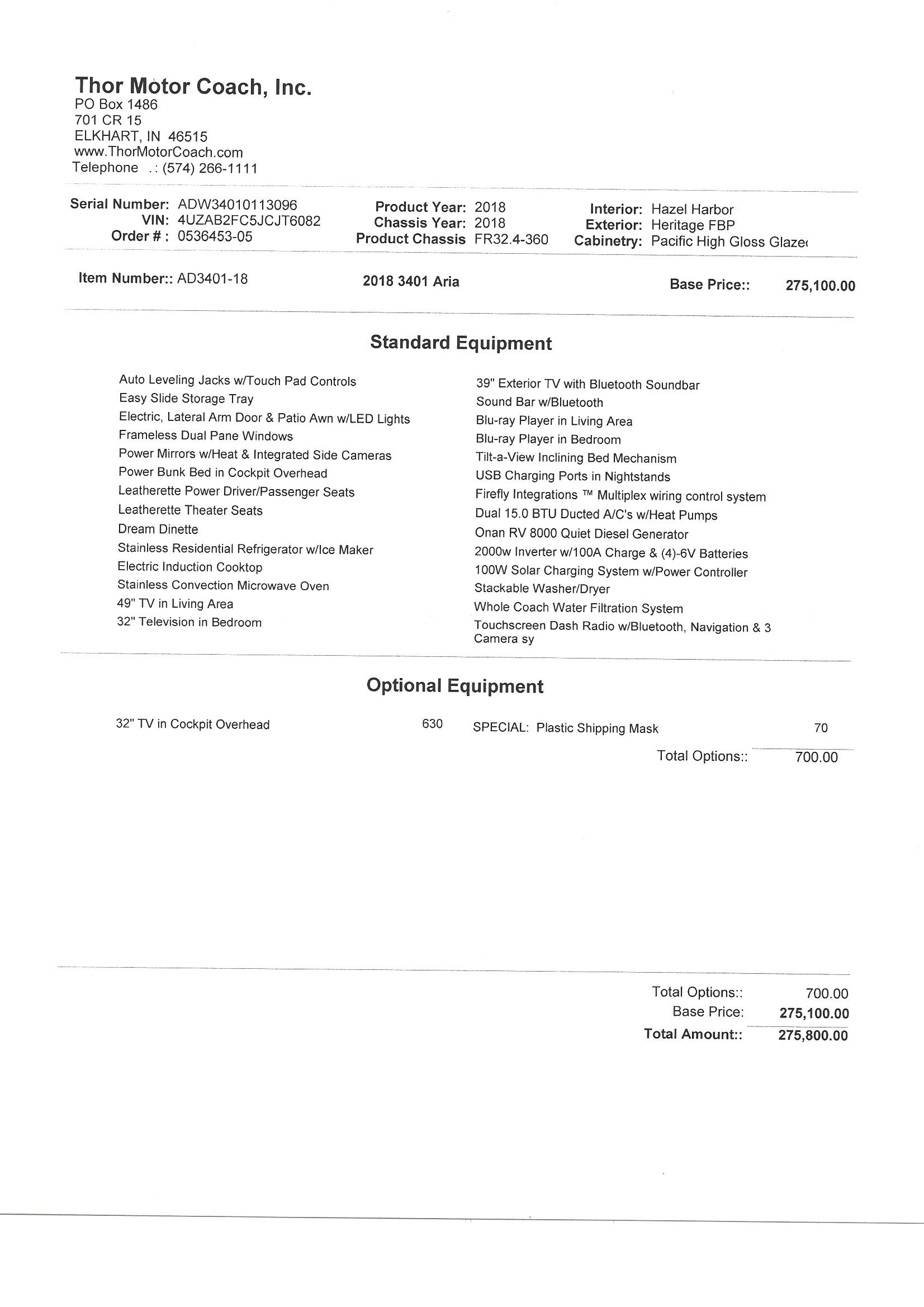 2018 Thor Aria 3401 MSRP Sheet