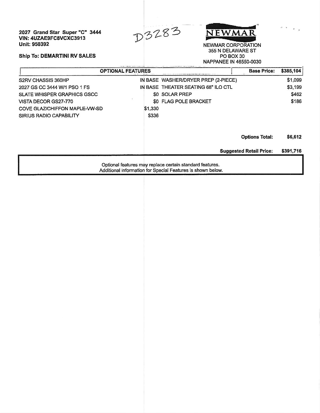 2027 Newmar Grand Star 3444 MSRP Sheet
