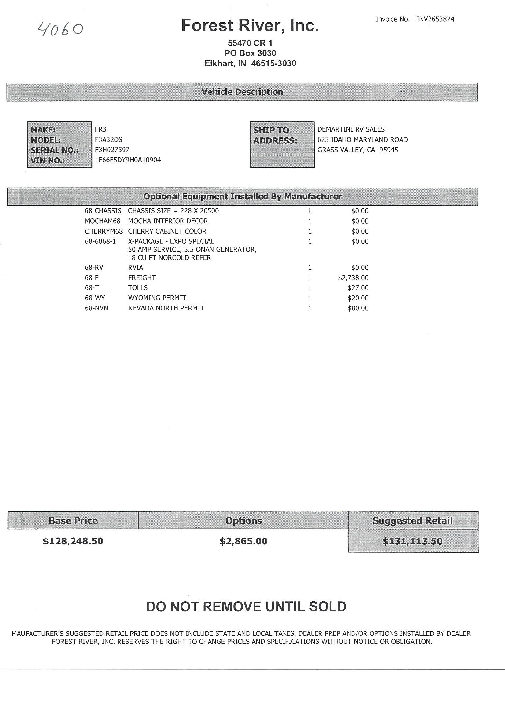 2018 Forest River FR3 32DS MSRP Sheet