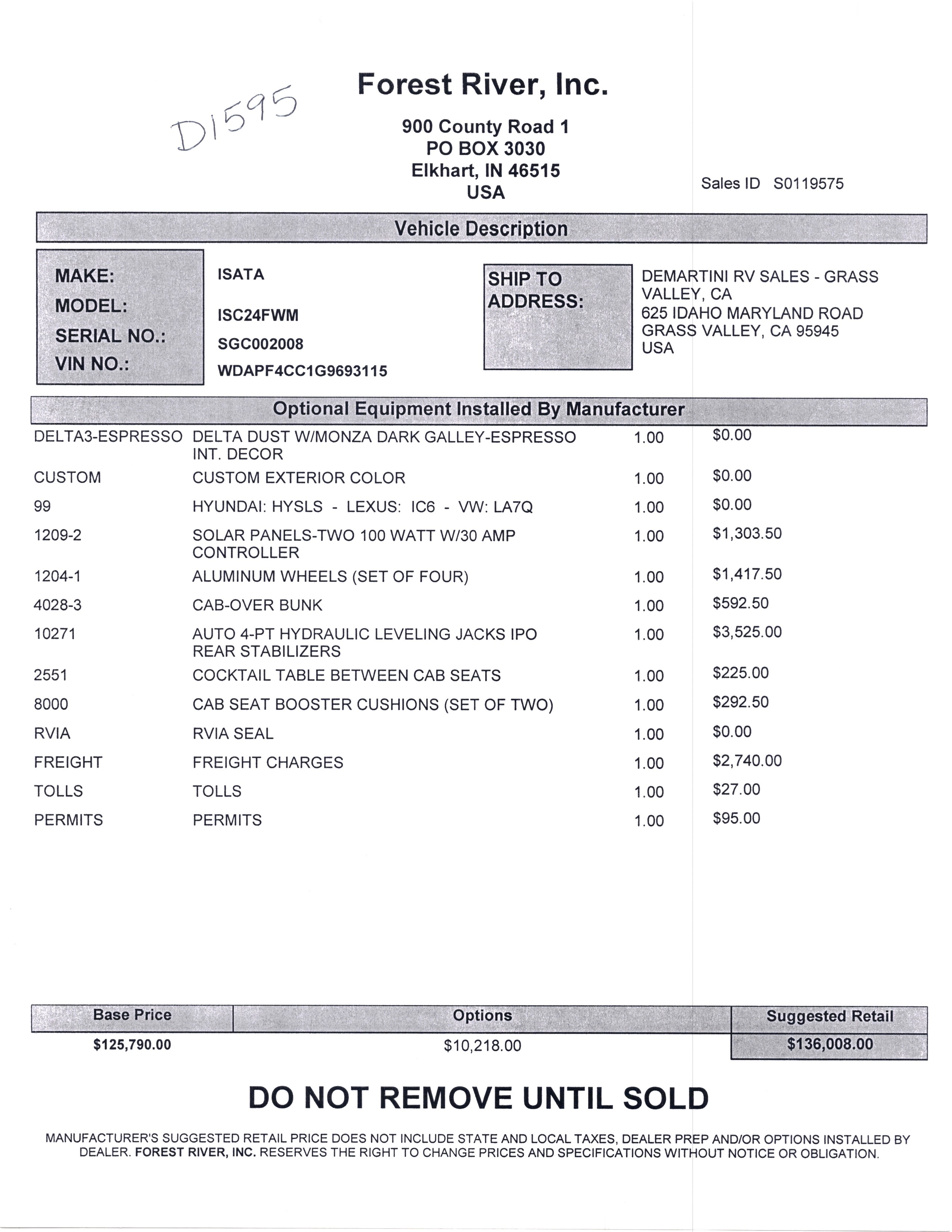 2018 Dynamax Isata 3 24FW MSRP Sheet