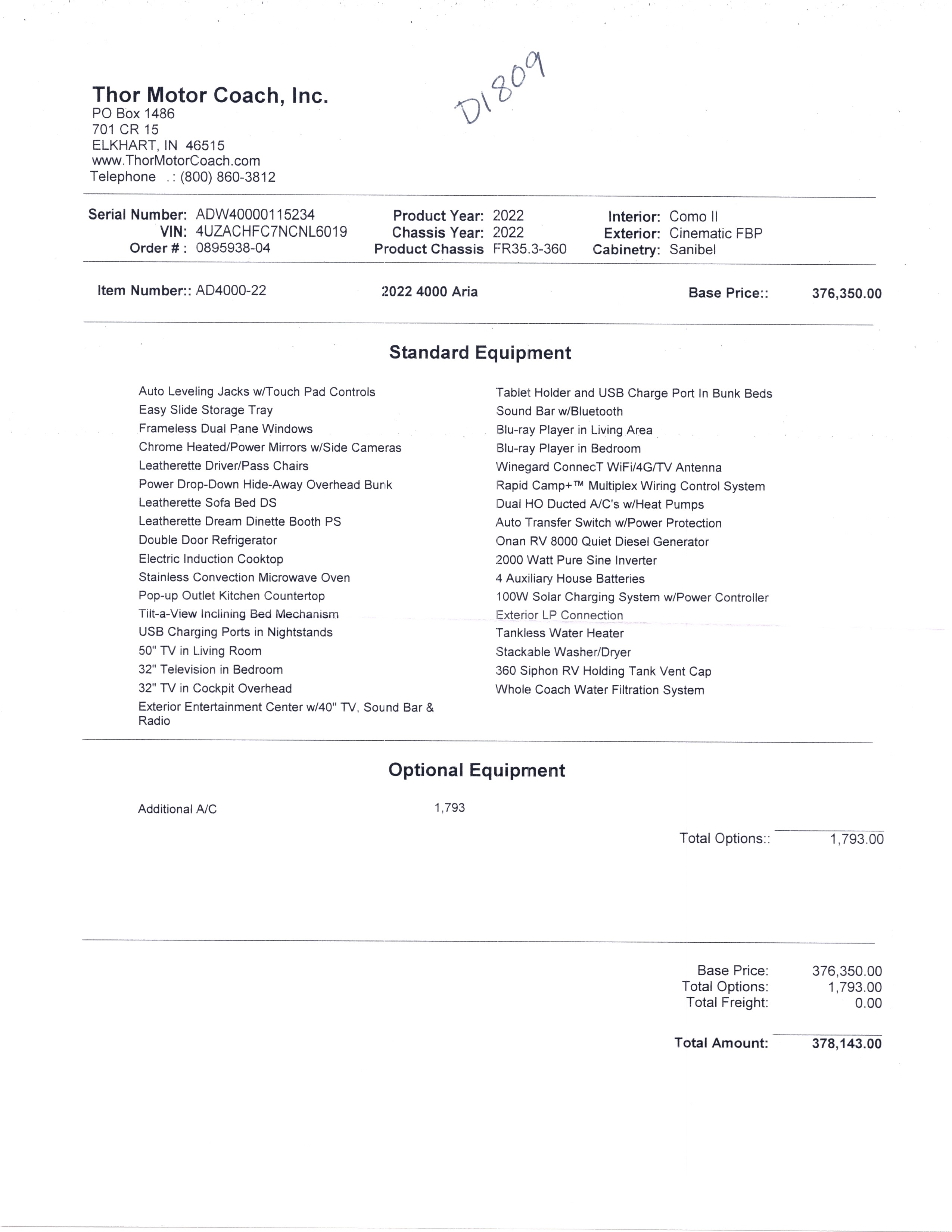 2022 Thor Aria 4000 MSRP Sheet