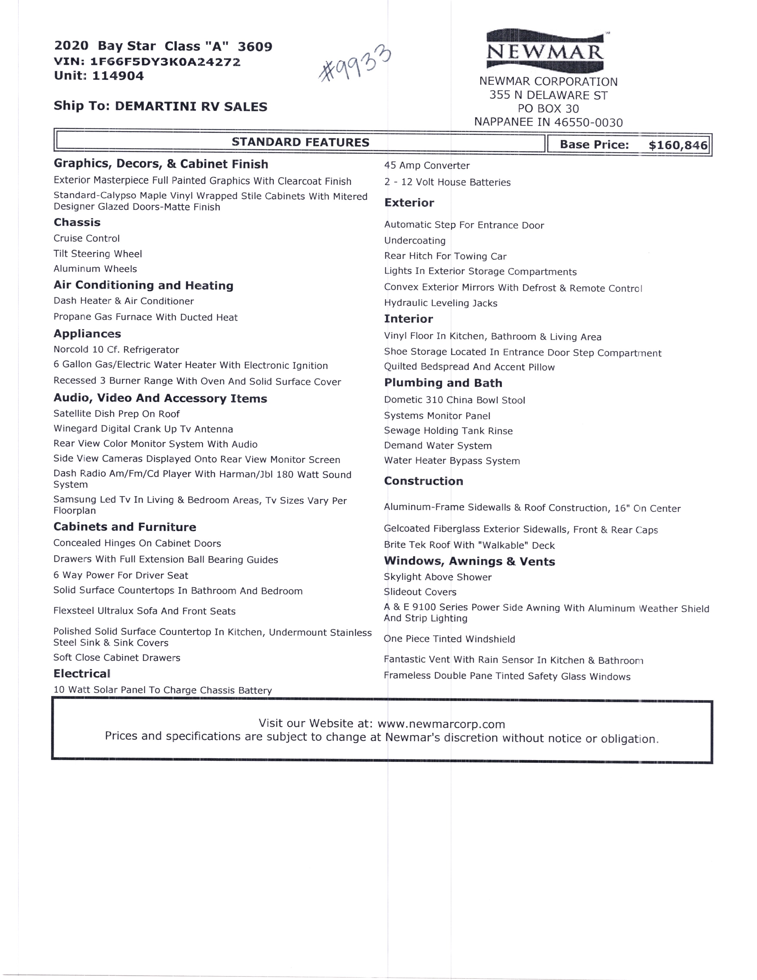 2020 Newmar Bay Star 3609 MSRP Sheet