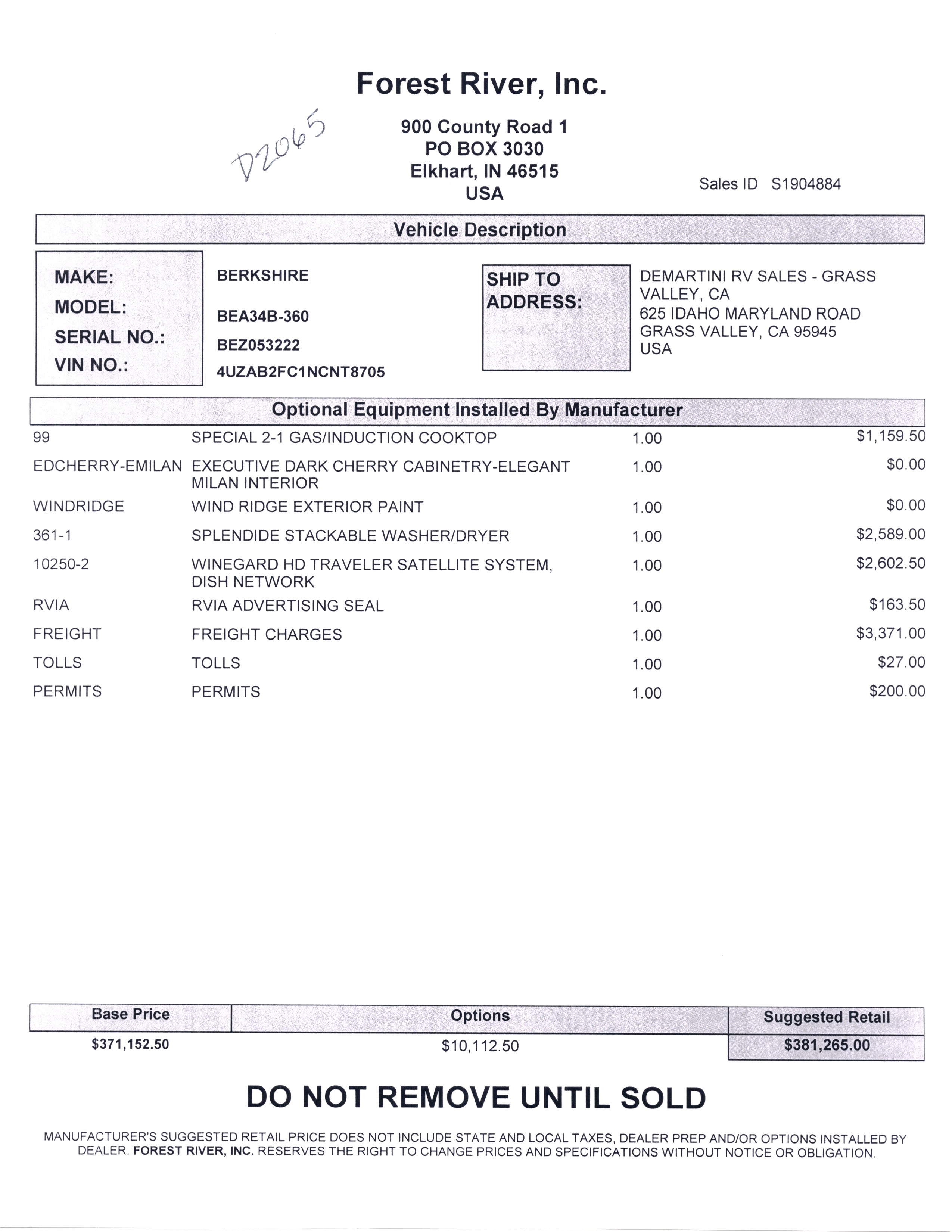 2022 Forest River Berkshire 34B MSRP Sheet