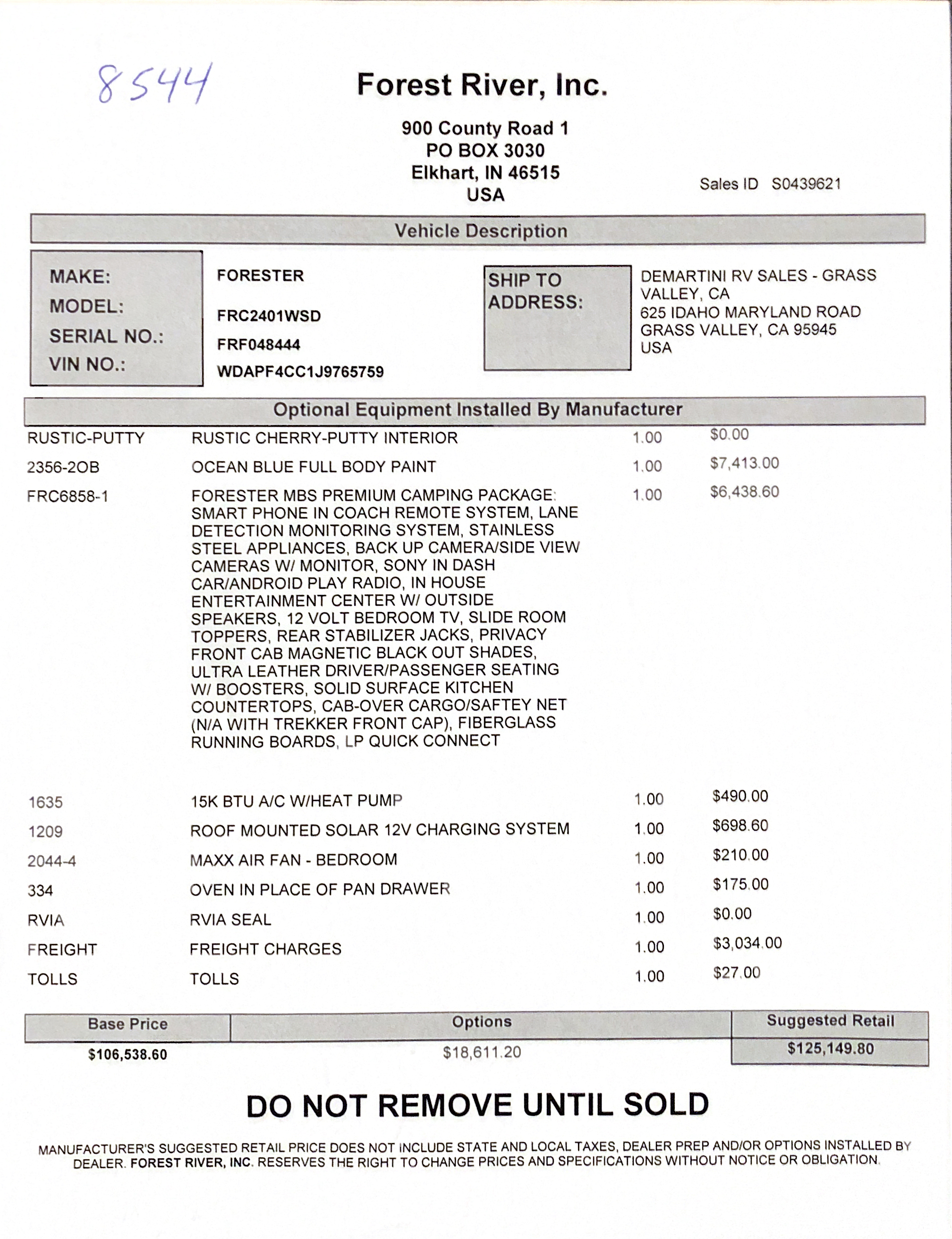 2019 Forest River Forester MBS 2401W MSRP Sheet