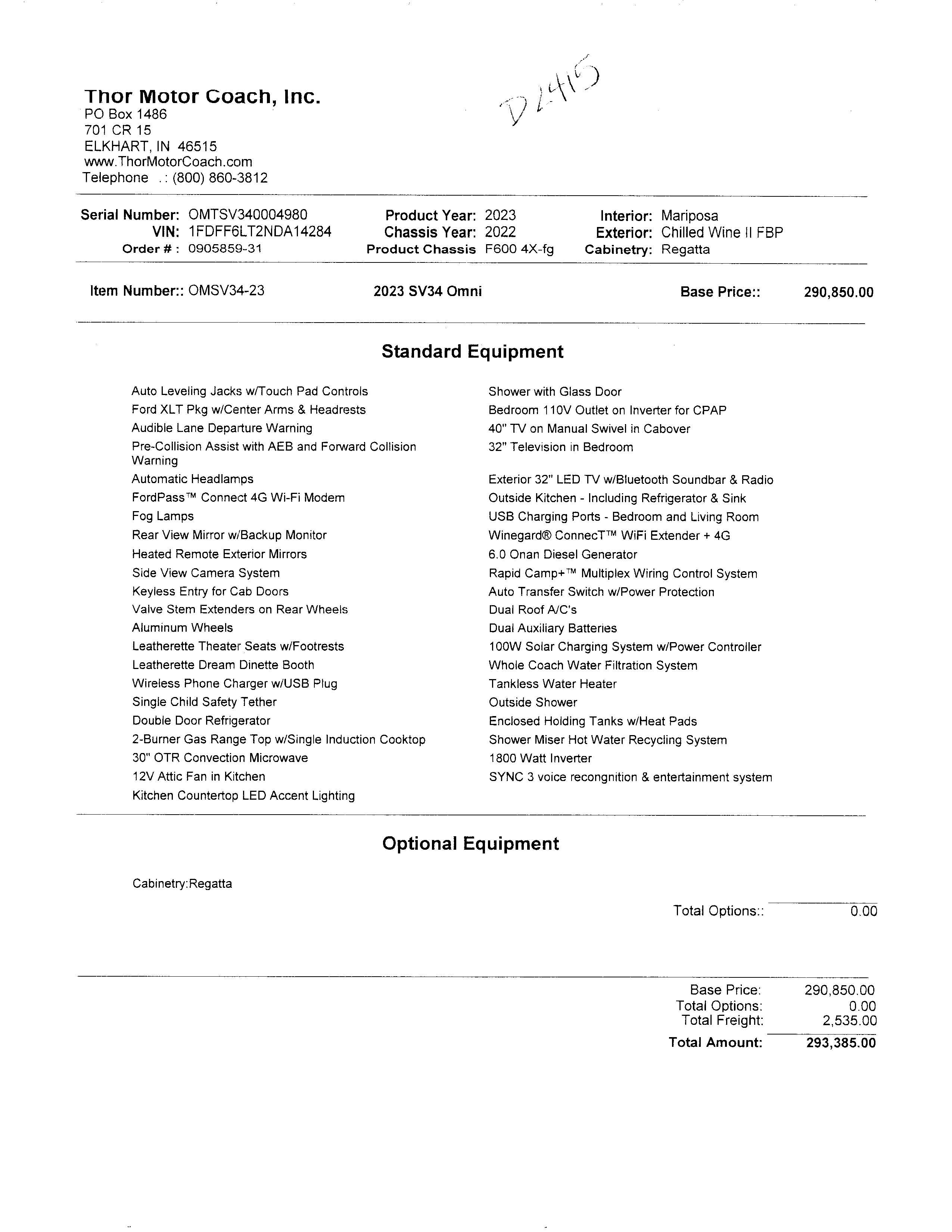 2023 Thor Omni 4x4 SV34 MSRP Sheet