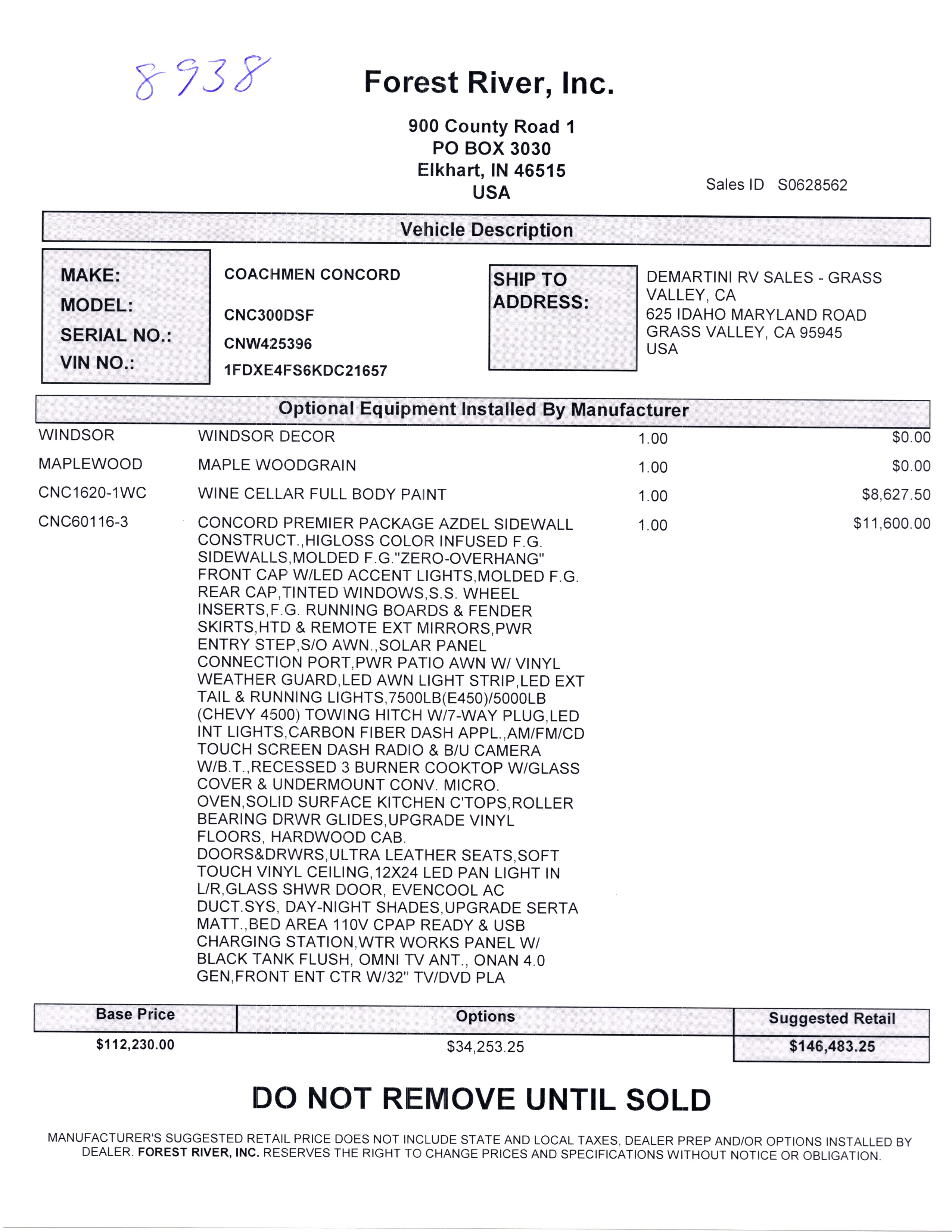 2020 Coachmen Concord 300DS MSRP Sheet