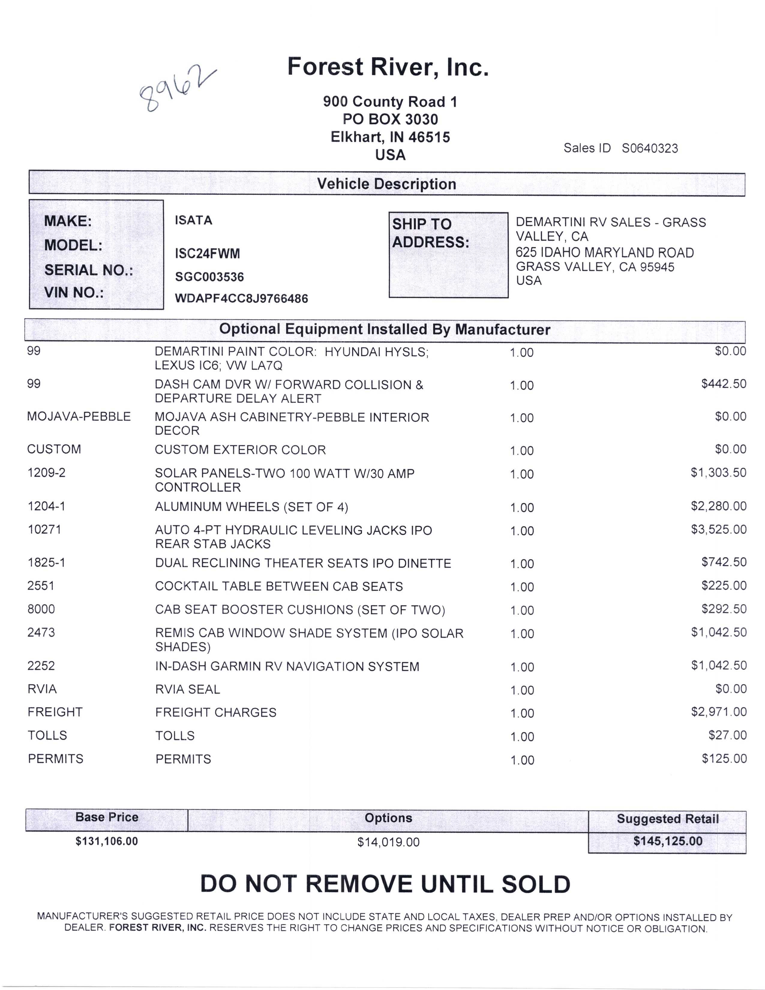 2020 Dynamax Isata 3 24FW MSRP Sheet