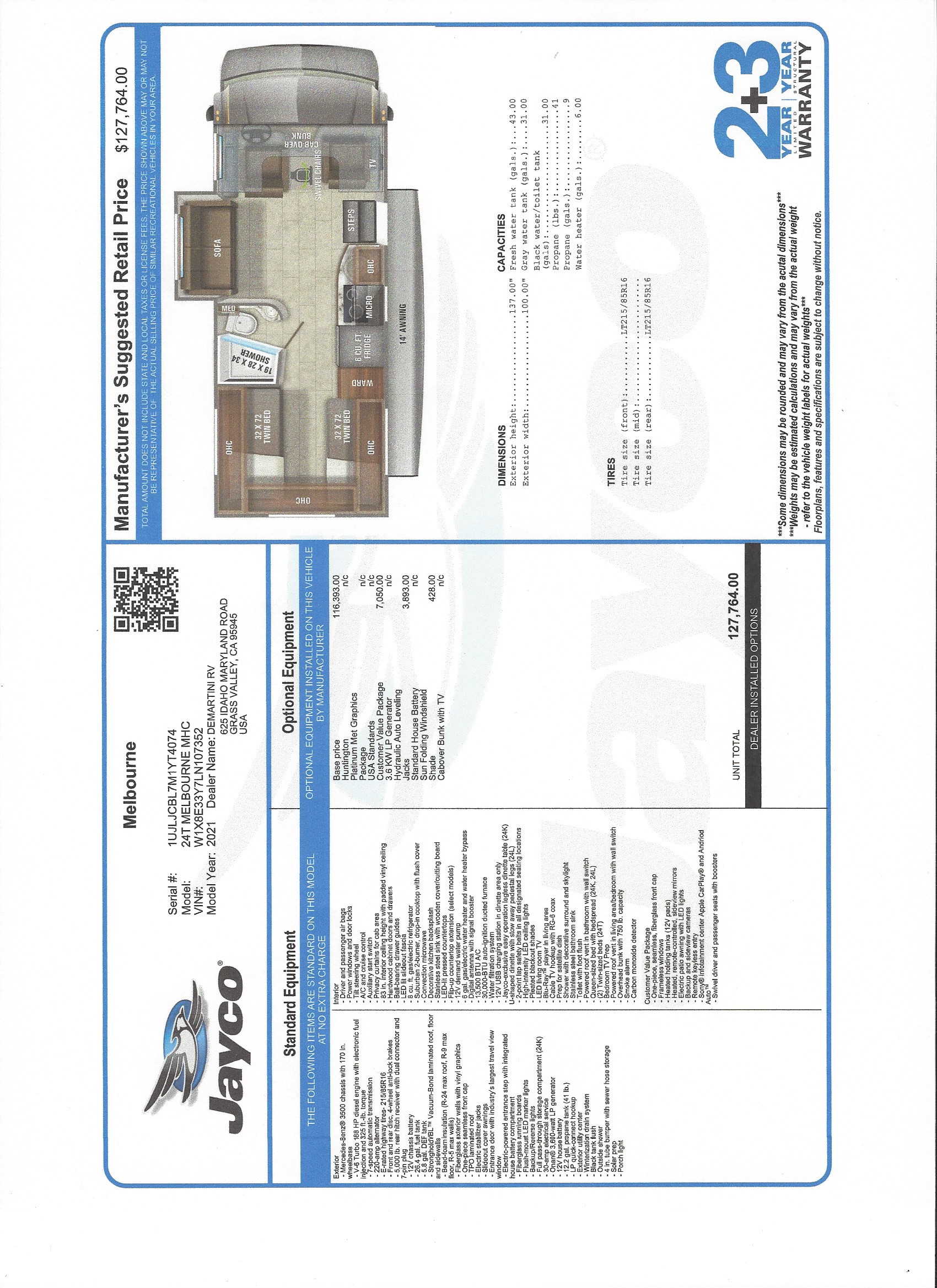 2021 Jayco Melbourne 24T MSRP Sheet