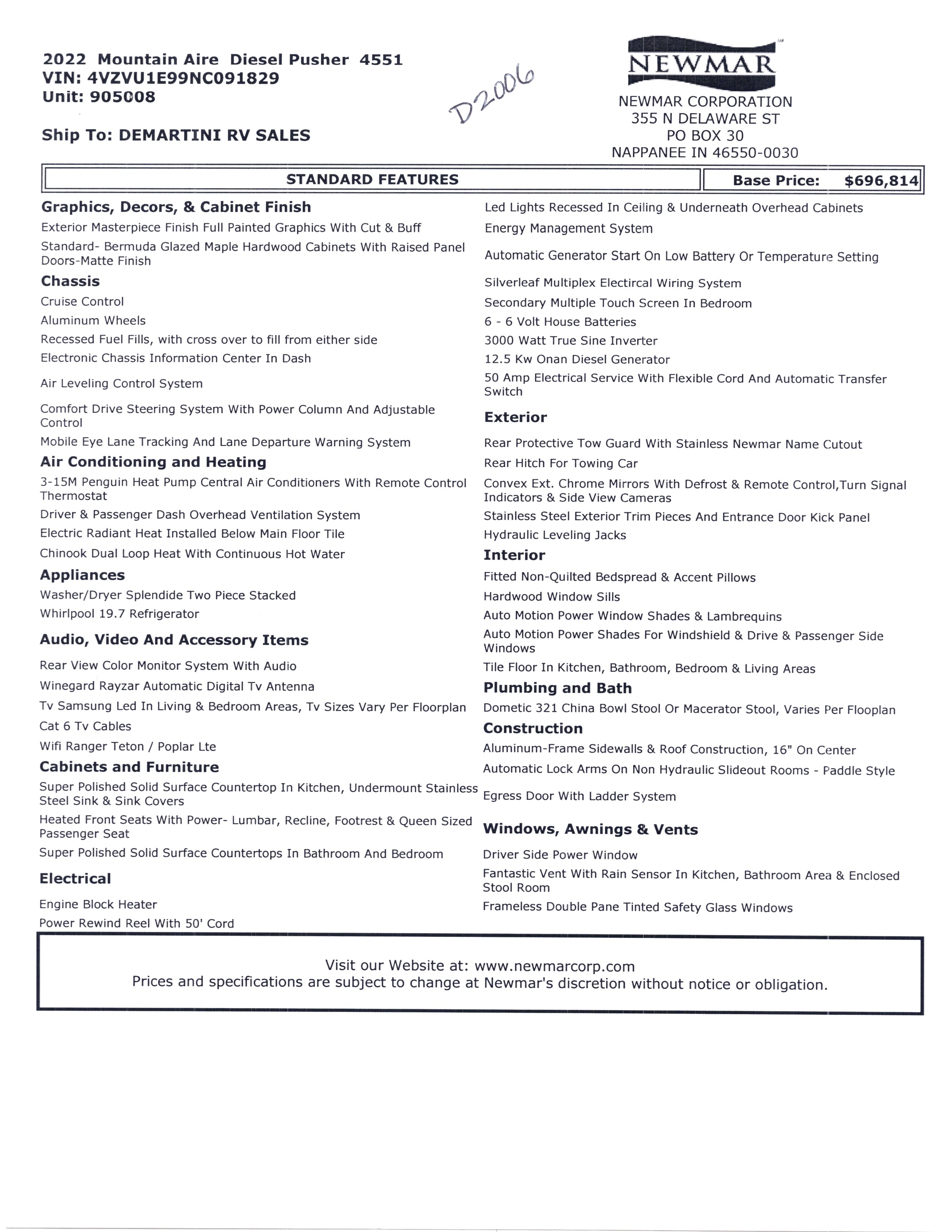 2022 Newmar Mountain Aire 4551 MSRP Sheet