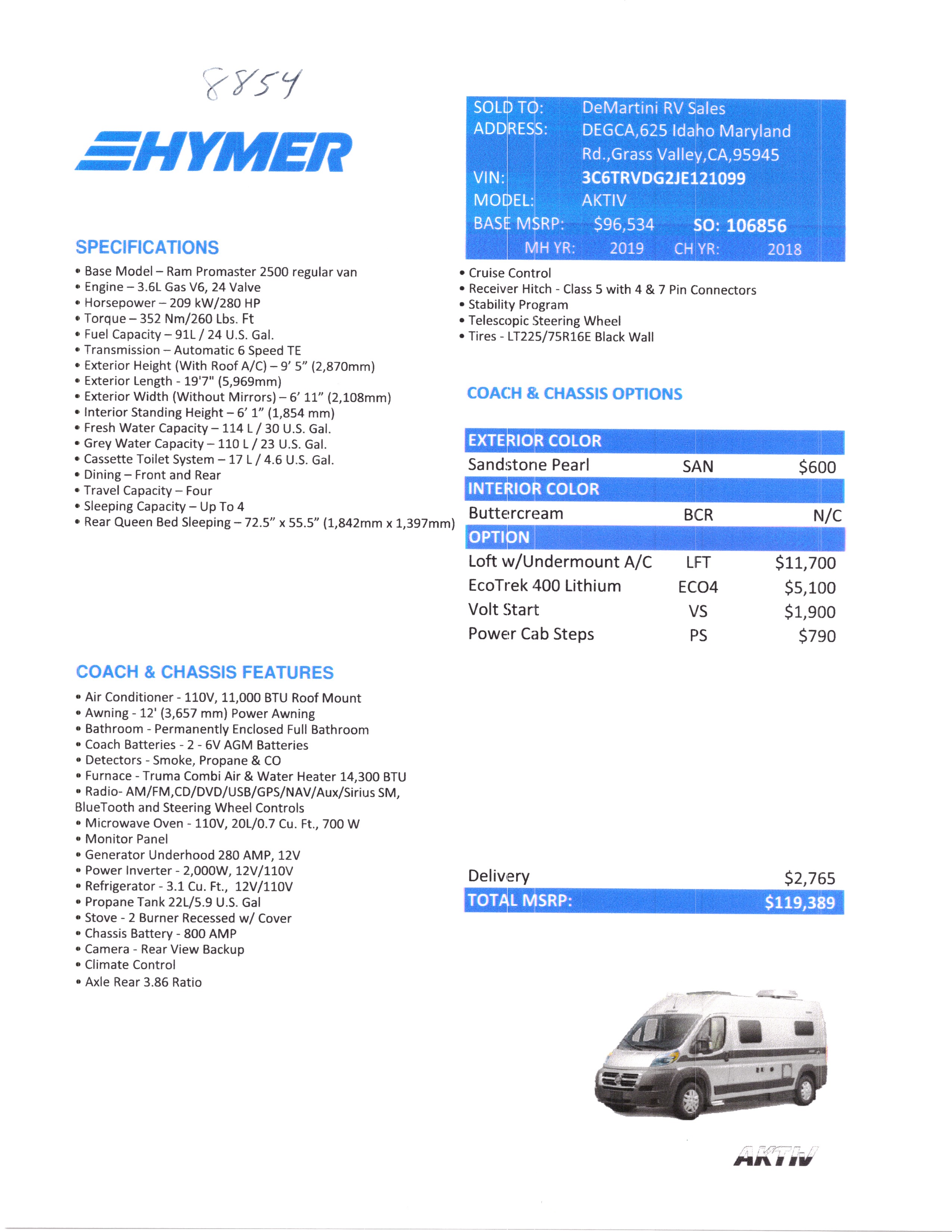 2019 Hymer Aktiv Loft MSRP Sheet