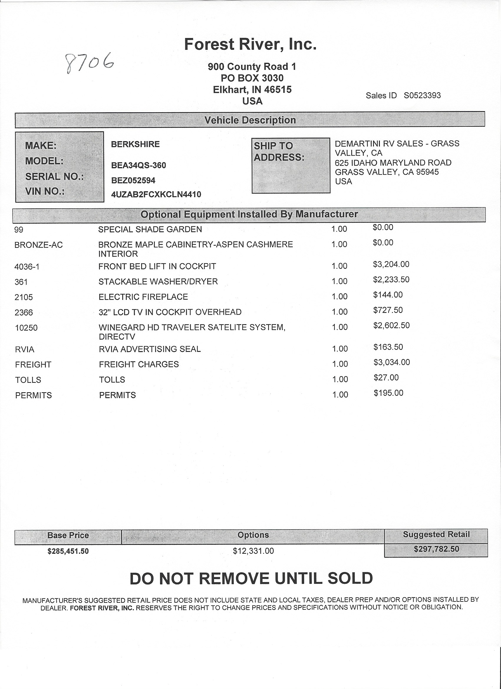 2019 Forest River Berkshire 34QS MSRP Sheet