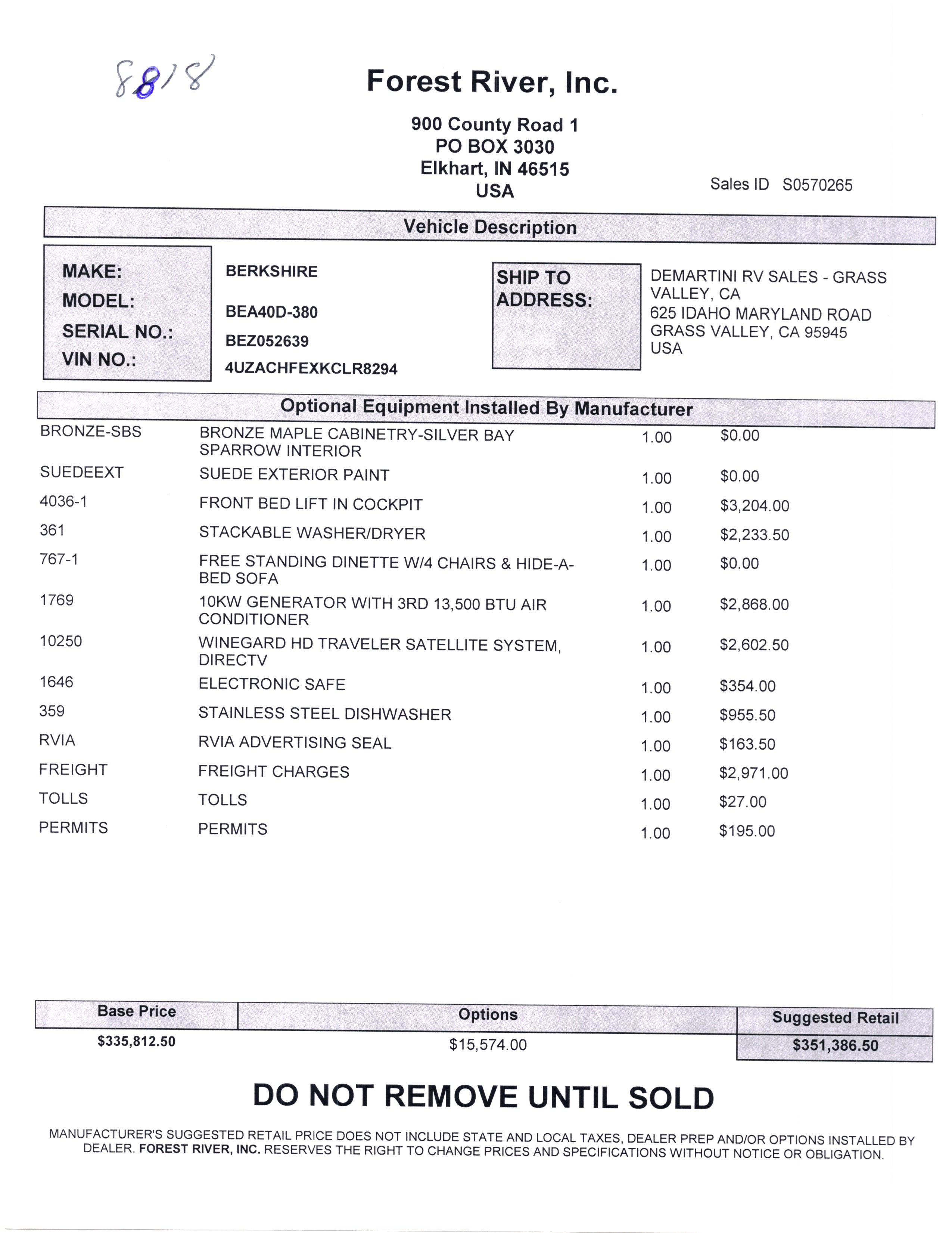 2019 Forest River Berkshire XL 40D MSRP Sheet