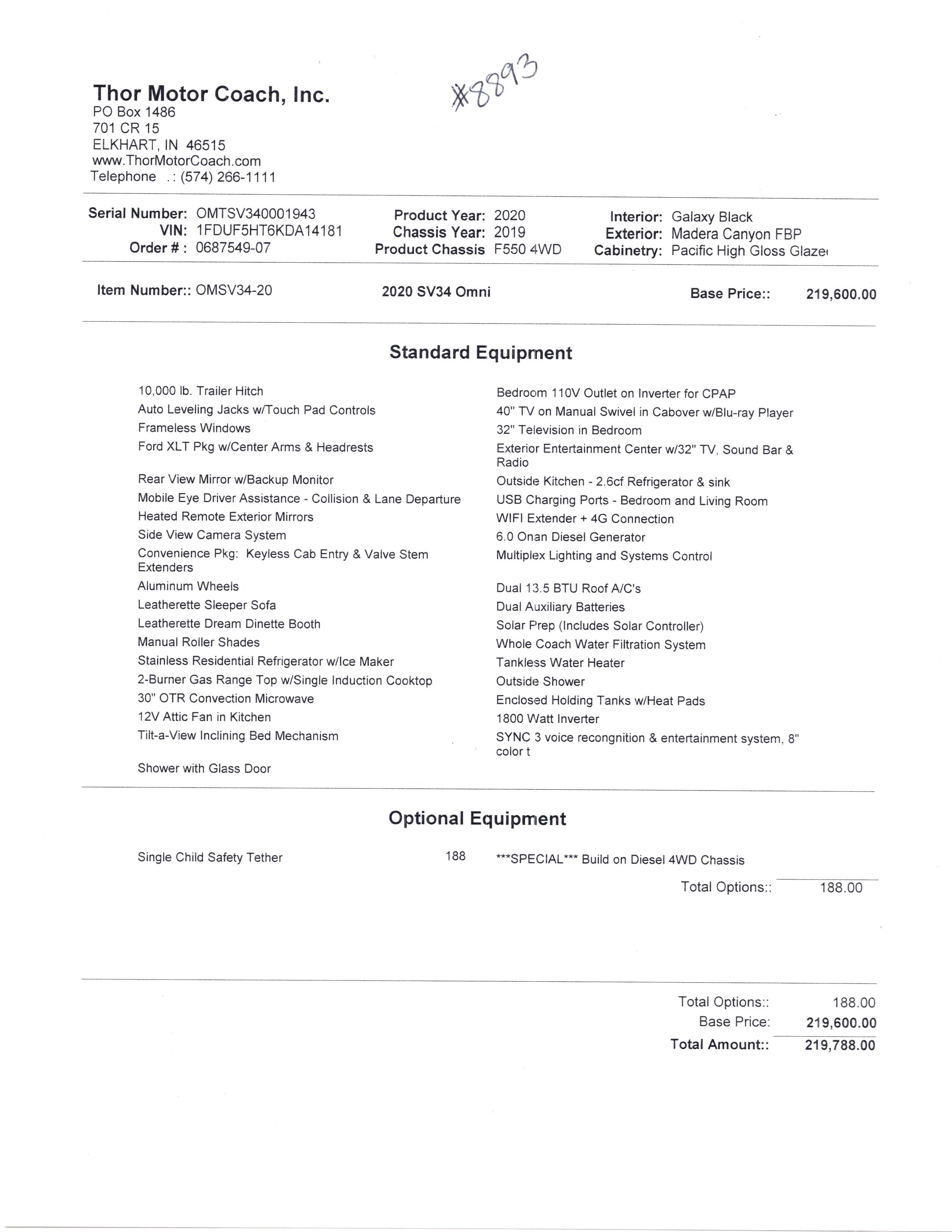 2020 Thor Omni SV34 4X4 MSRP Sheet