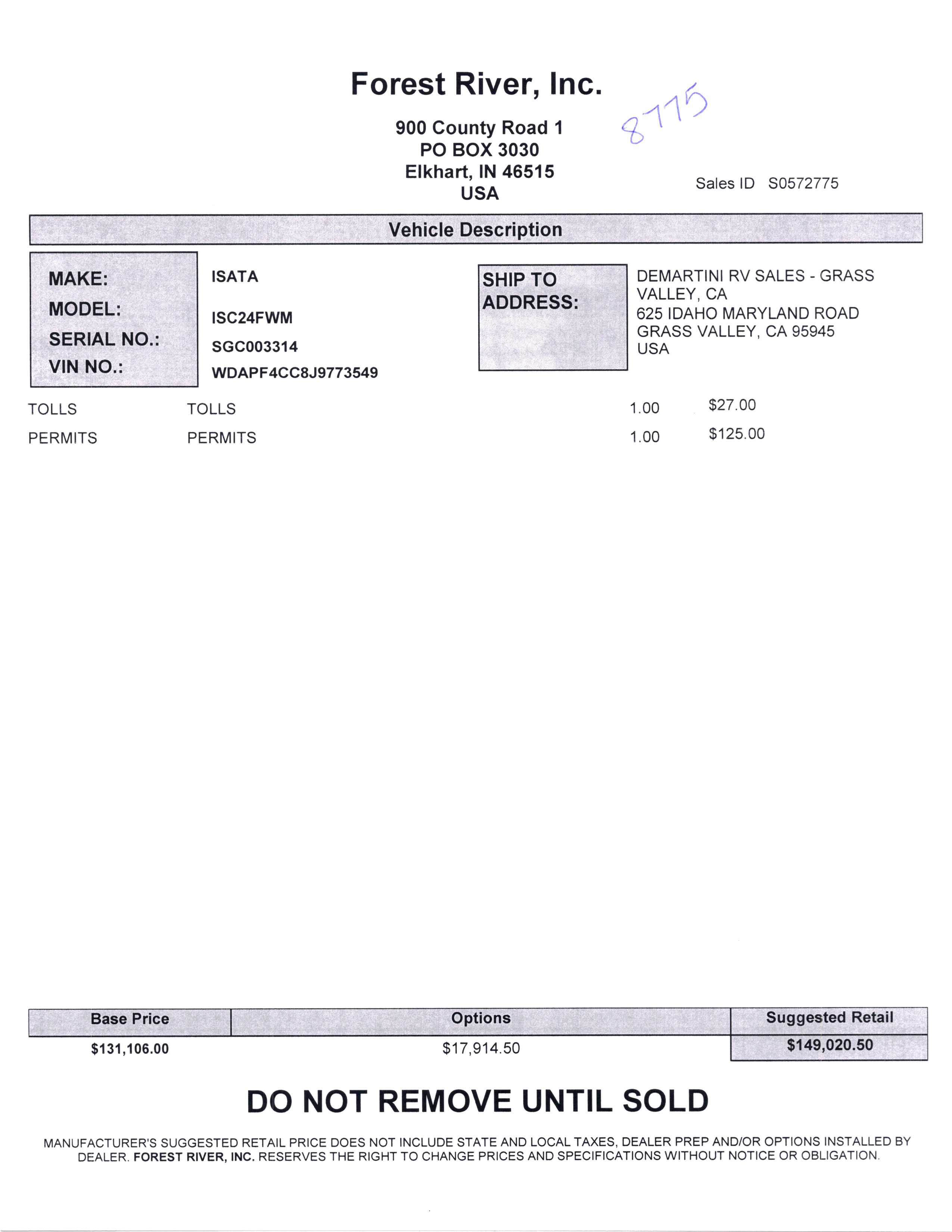 2019 Dynamax Isata 3 24FW MSRP Sheet