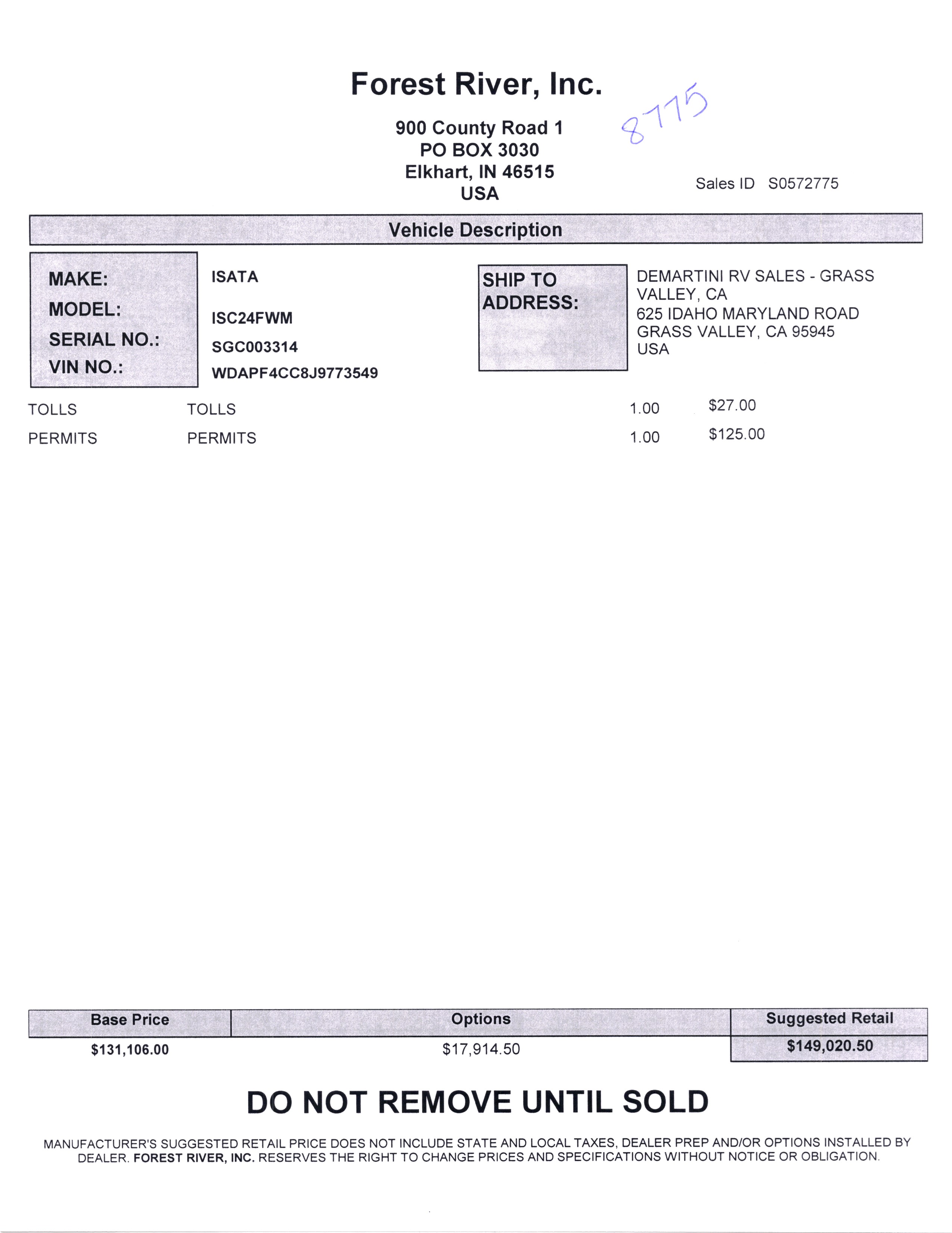 2020 Dynamax Isata 3 24FW MSRP Sheet