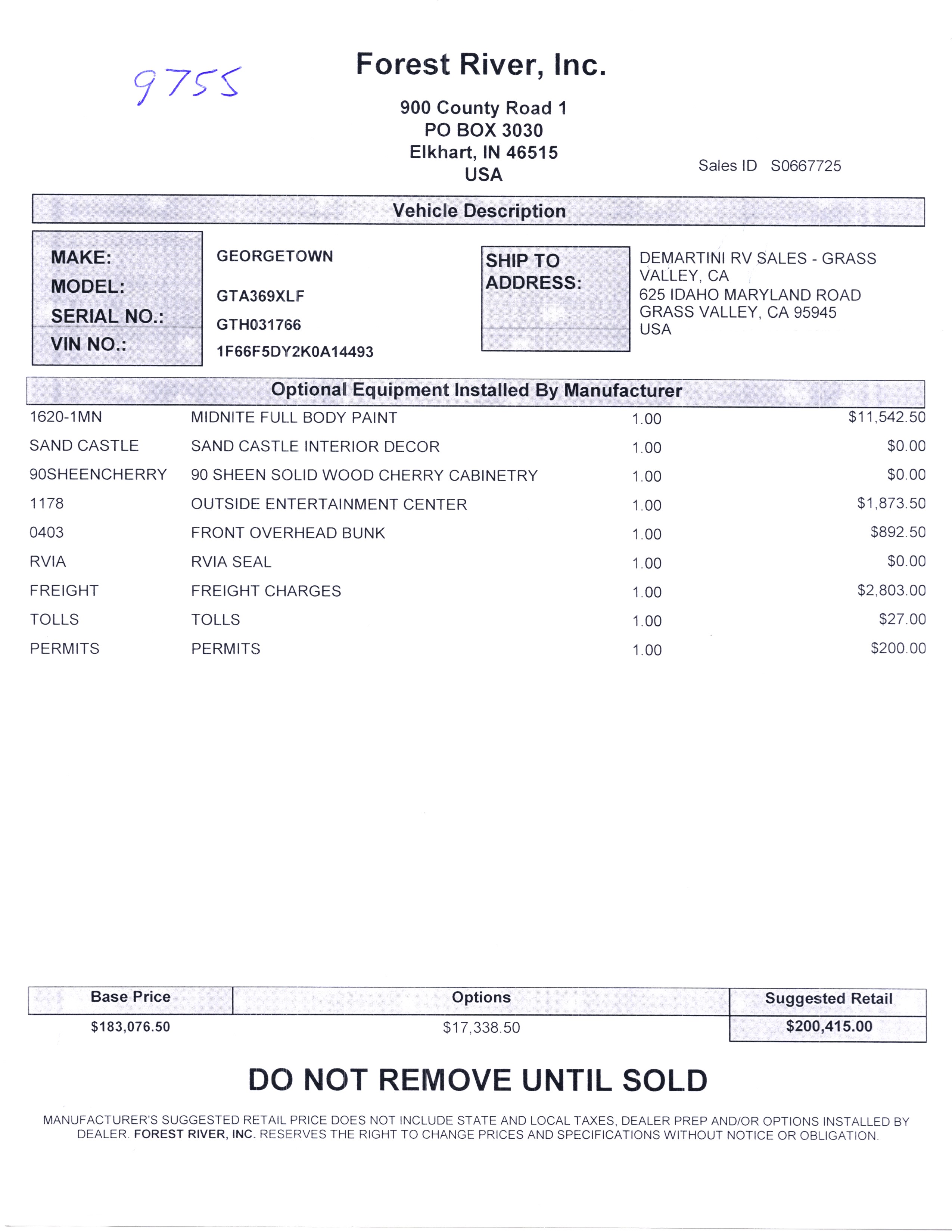 2020 Forest River Georgetown XL 369DS MSRP Sheet