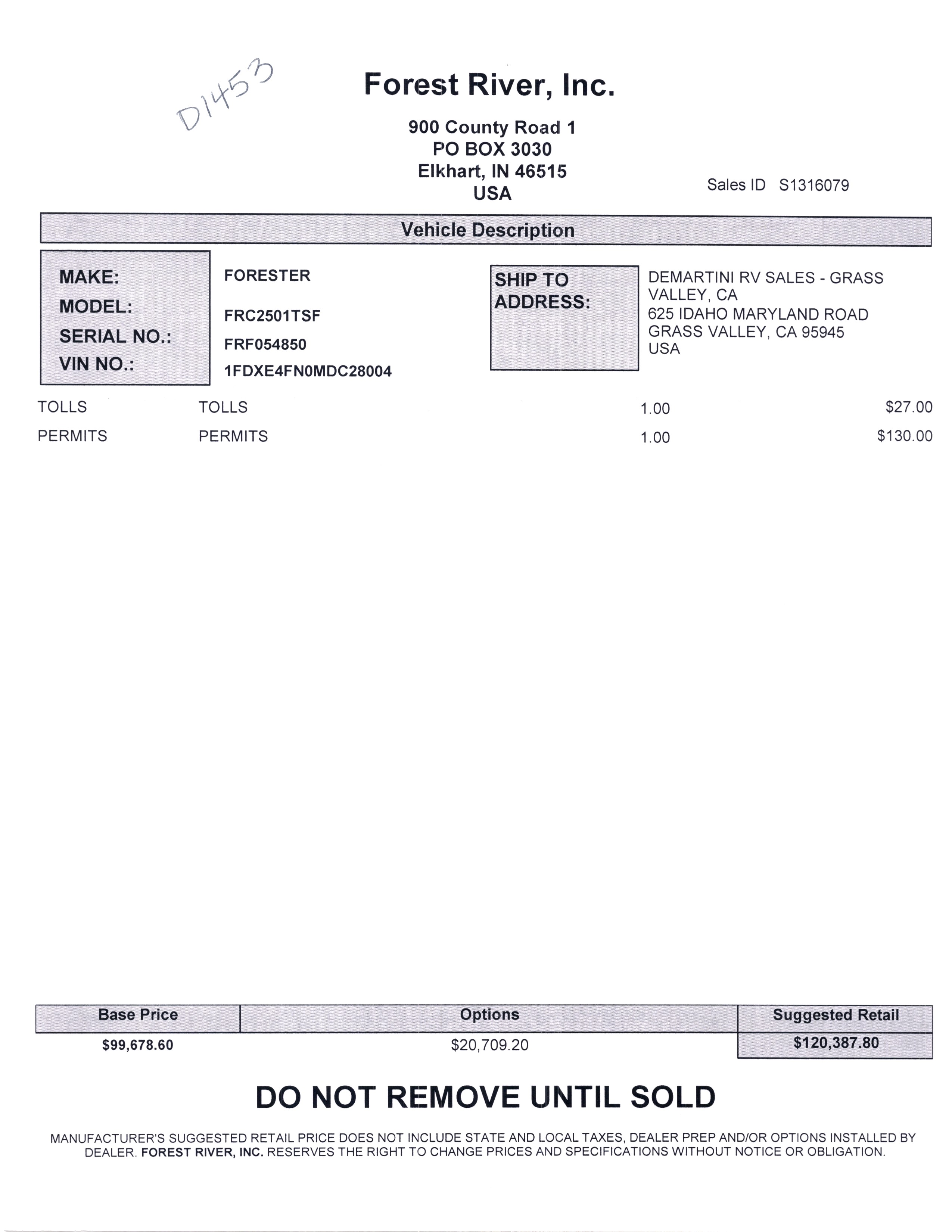 2021 Forest River Forester Classic 2501TS MSRP Sheet