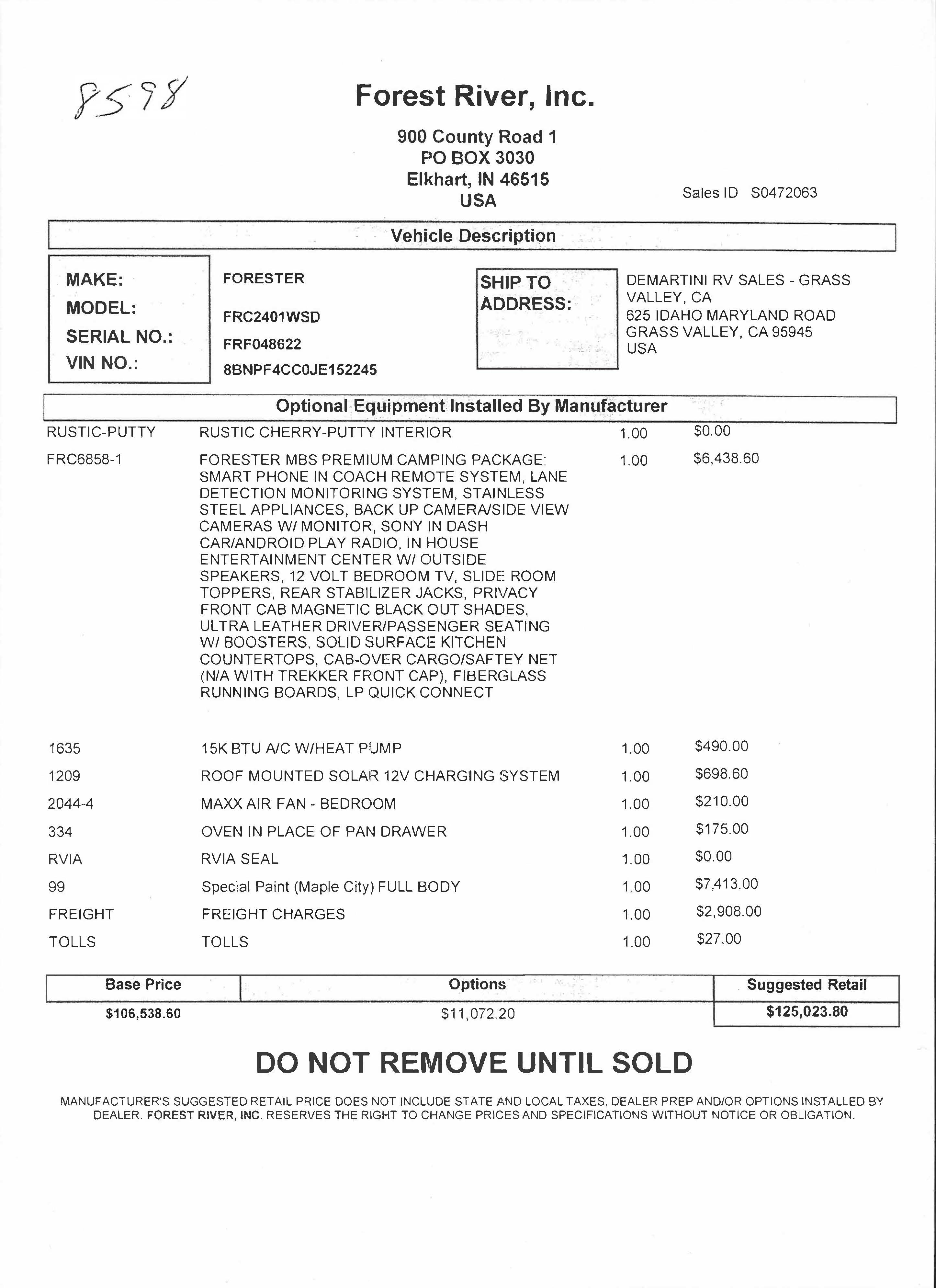 2019 Forest River Forester MBS 2401W MSRP Sheet