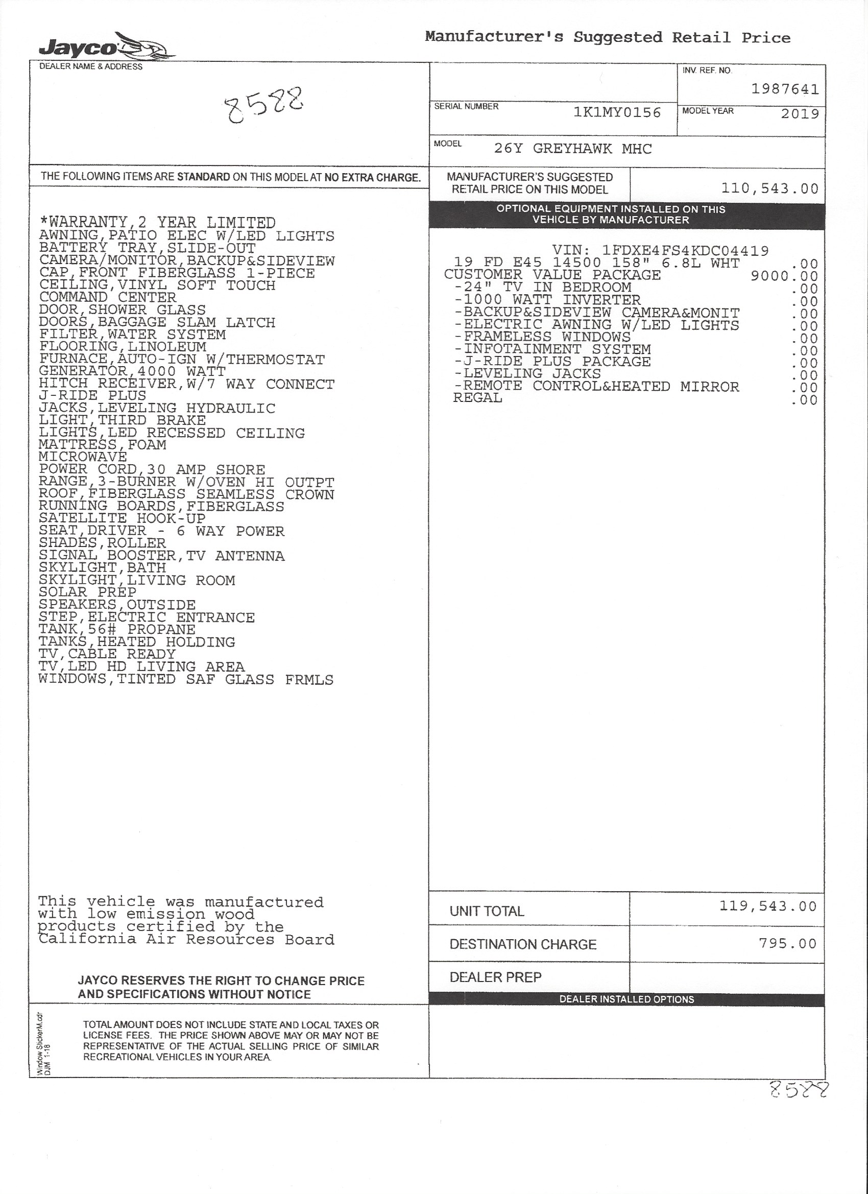 2019 Jayco Greyhawk 26Y MSRP Sheet