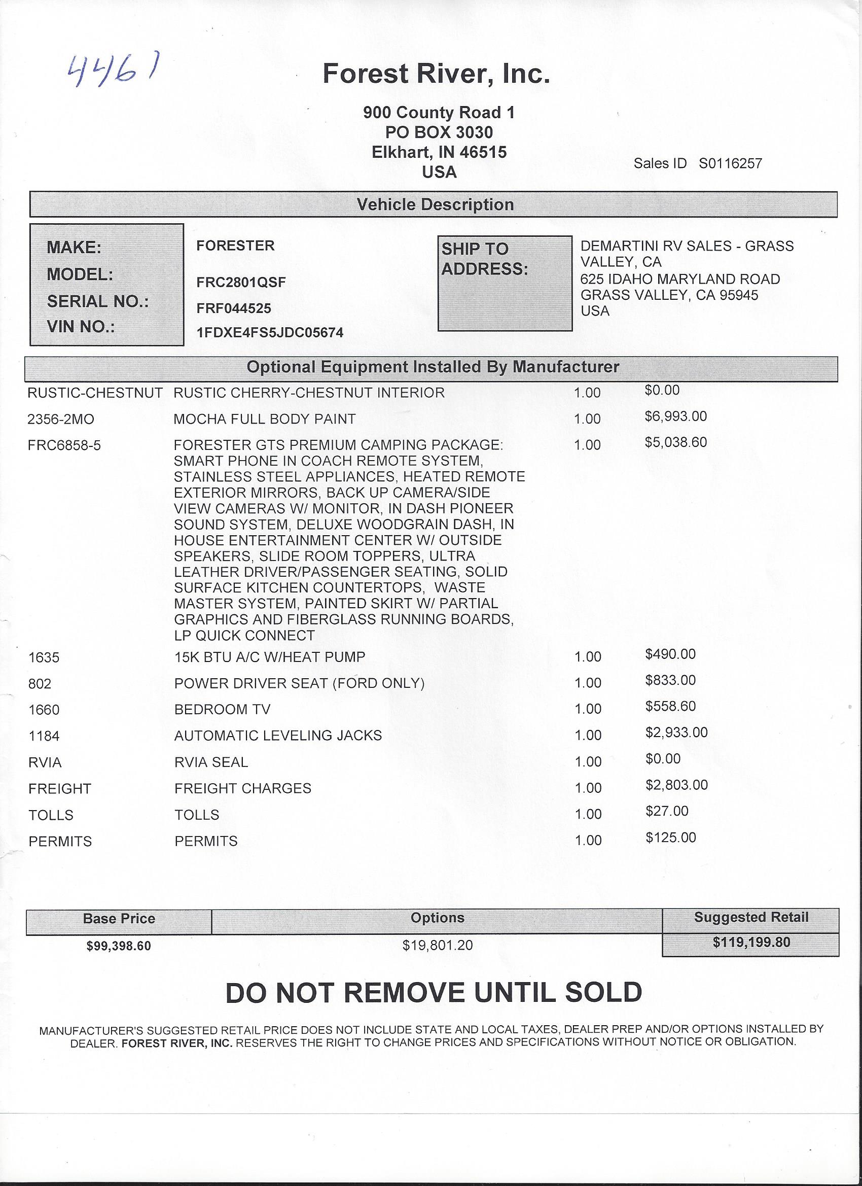 2018 Forest River Forester GTS 2801QS MSRP Sheet