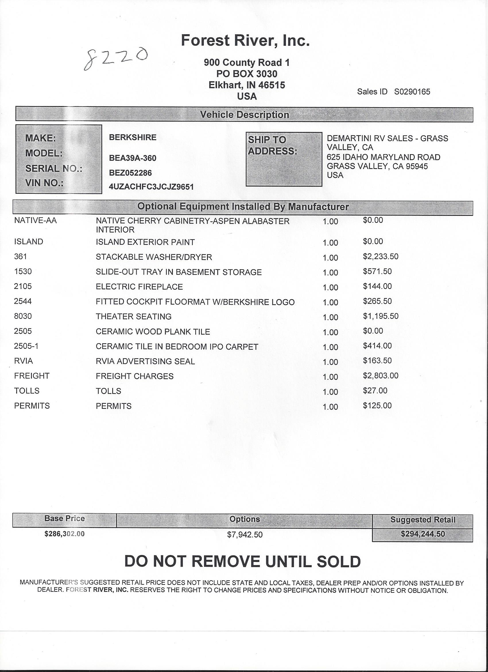 2018 Forest River Berkshire 39A MSRP Sheet