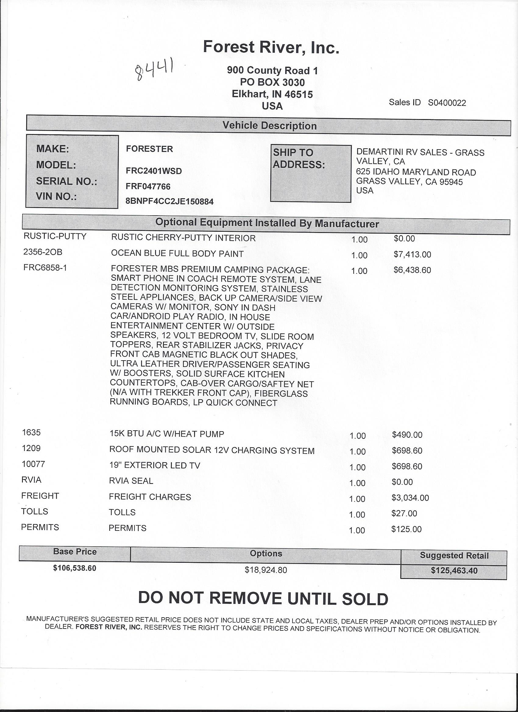 2019 Forest River Forester 2401W MSRP Sheet