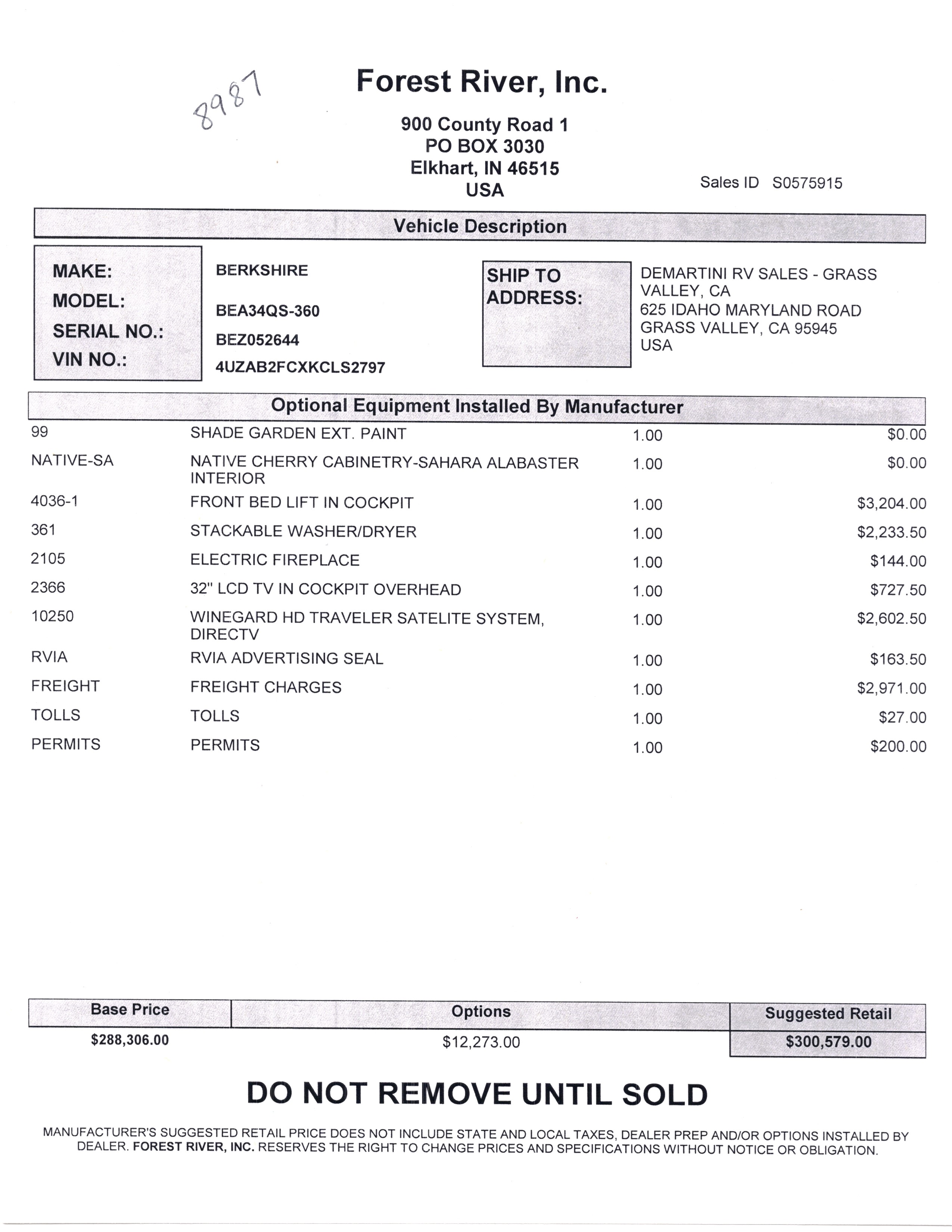 2020 Forest River Berkshire 34QS MSRP Sheet