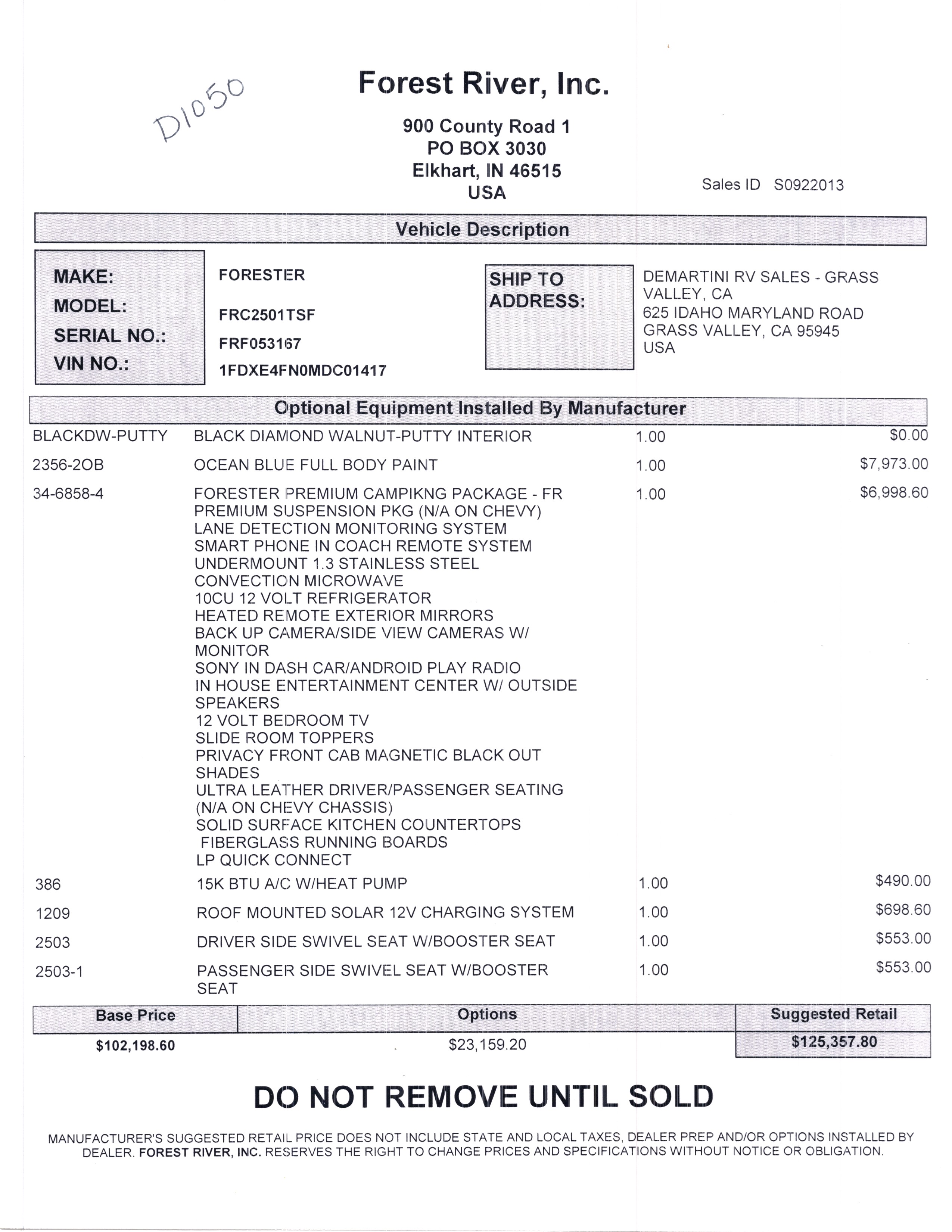 2021 Forest River Forester Classic 2501TS MSRP Sheet