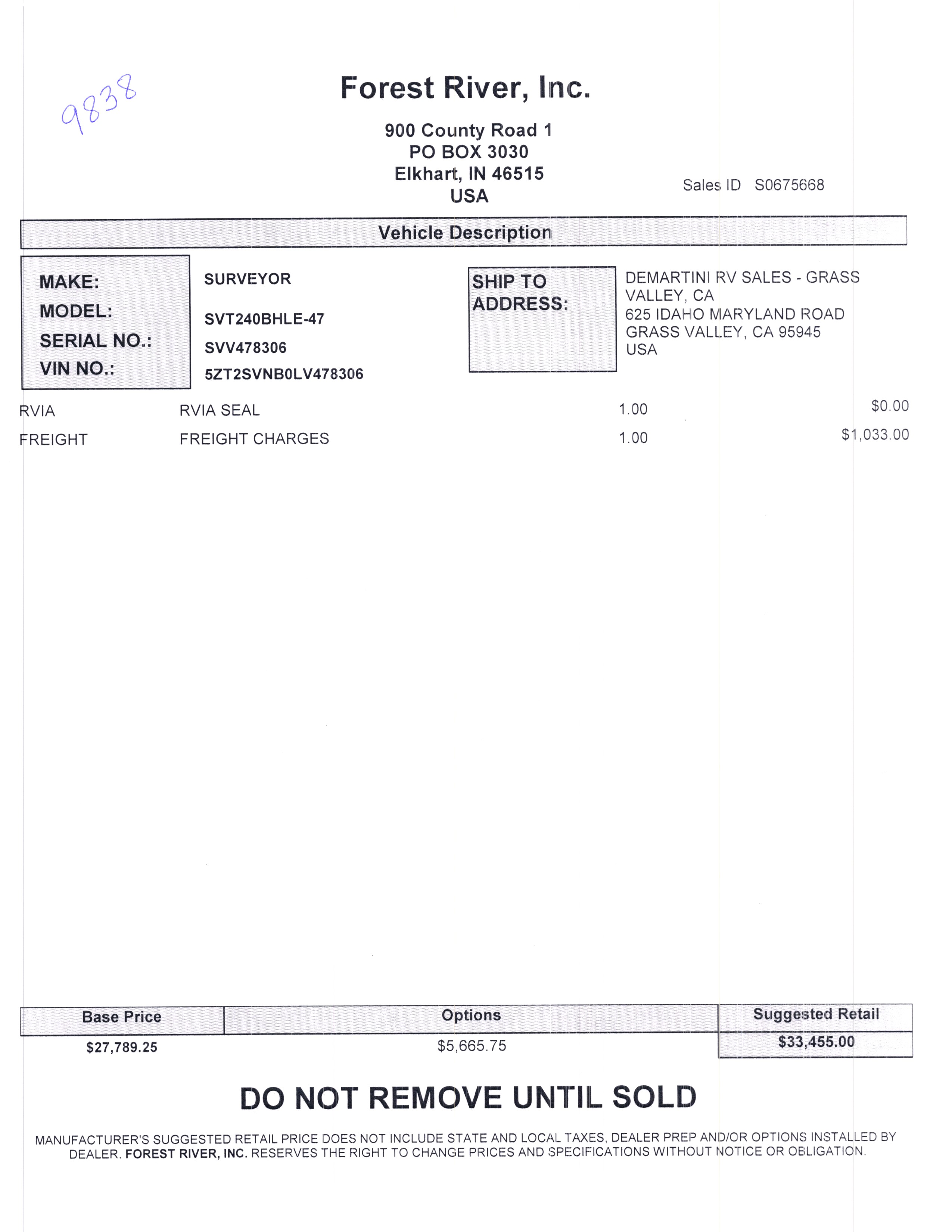 2020 Forest River Surveyor Legend 240BHLE MSRP Sheet