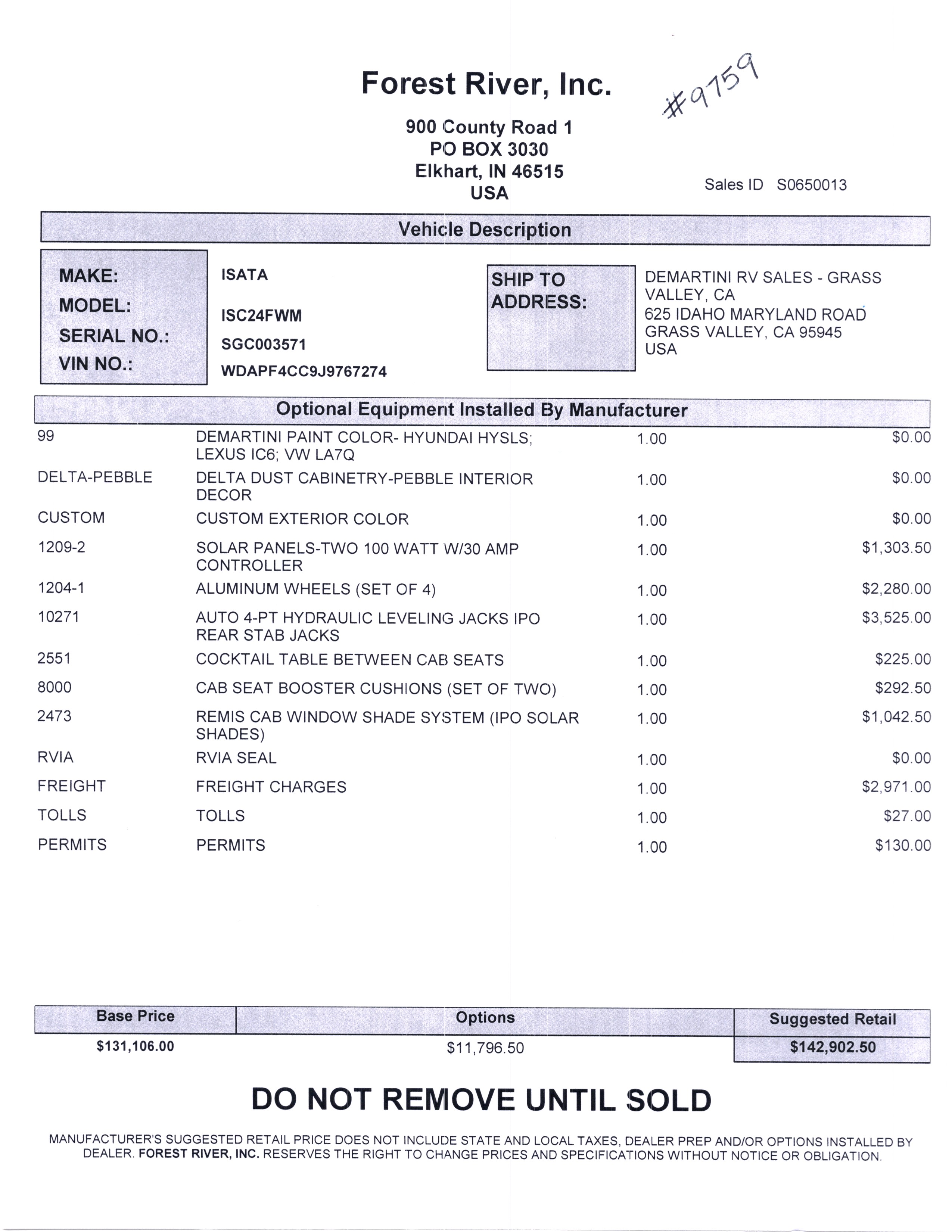 2020 Dynamax Isata 3 24FW MSRP Sheet