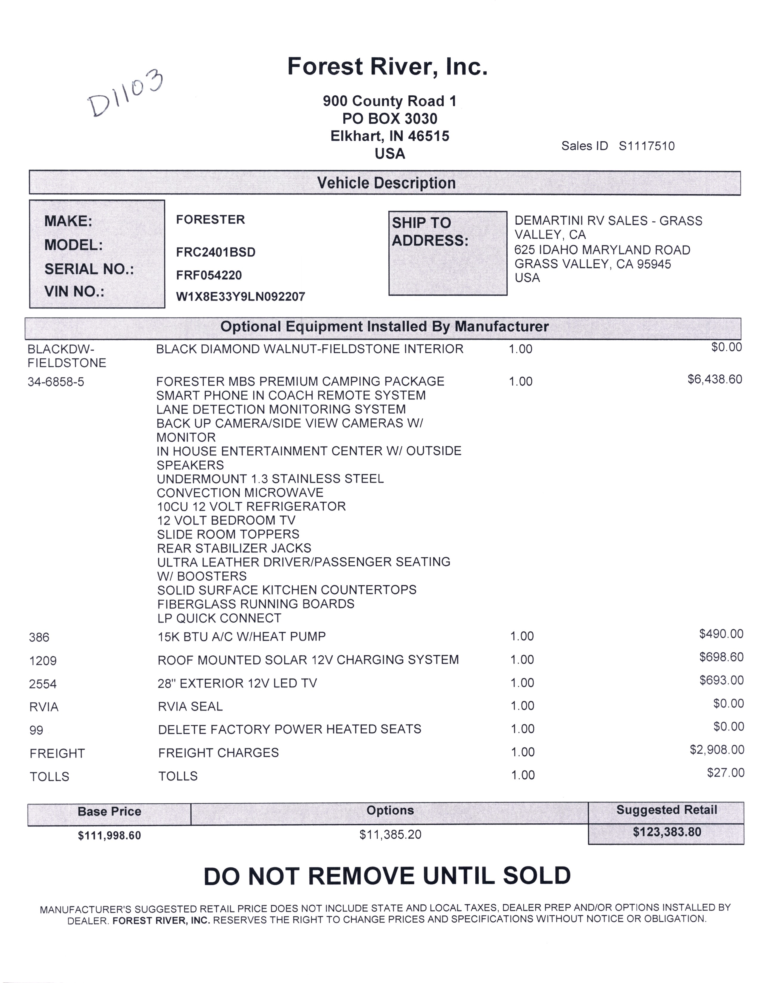 2021 Forest River Forester MBS 2401B MSRP Sheet