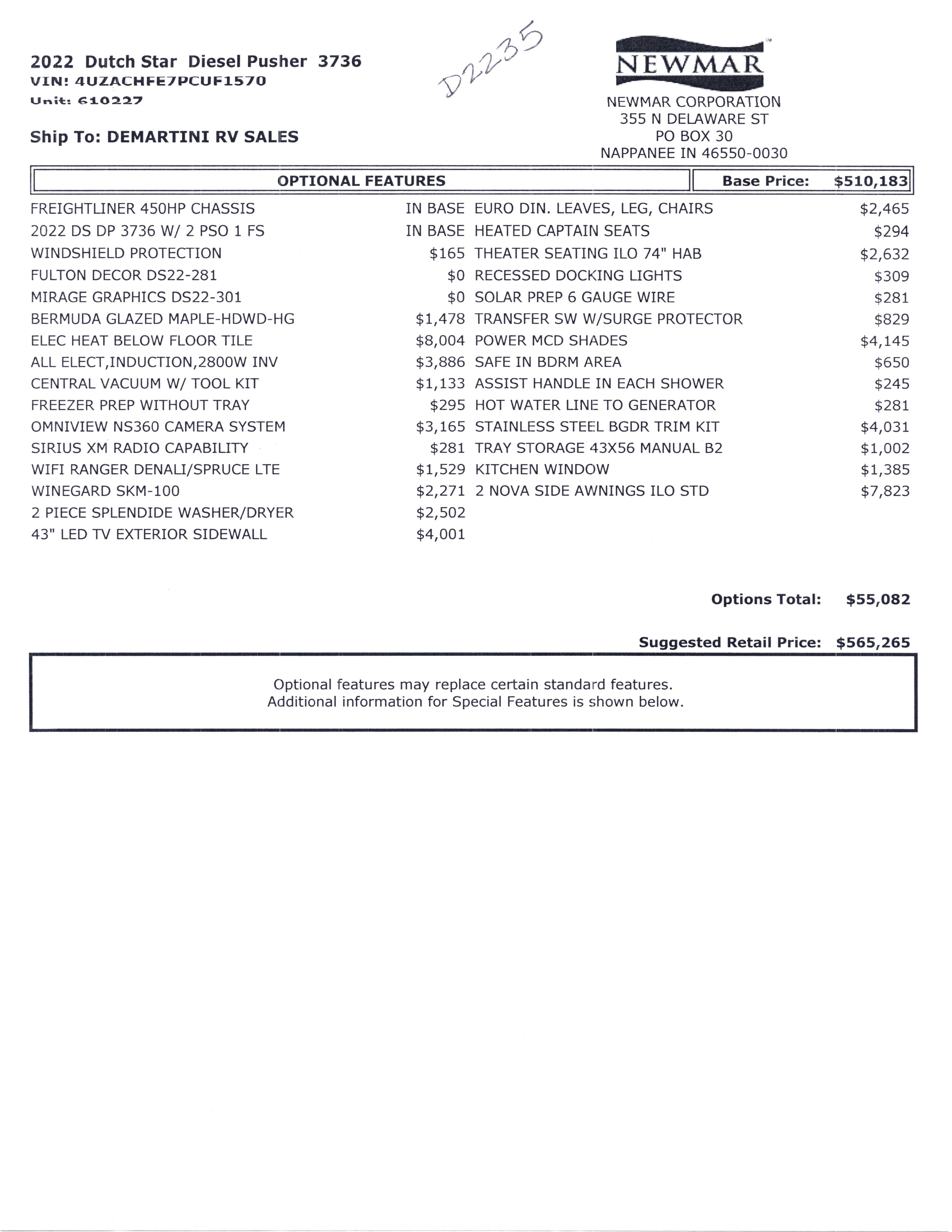 2022 Newmar Dutch Star 3736 MSRP Sheet