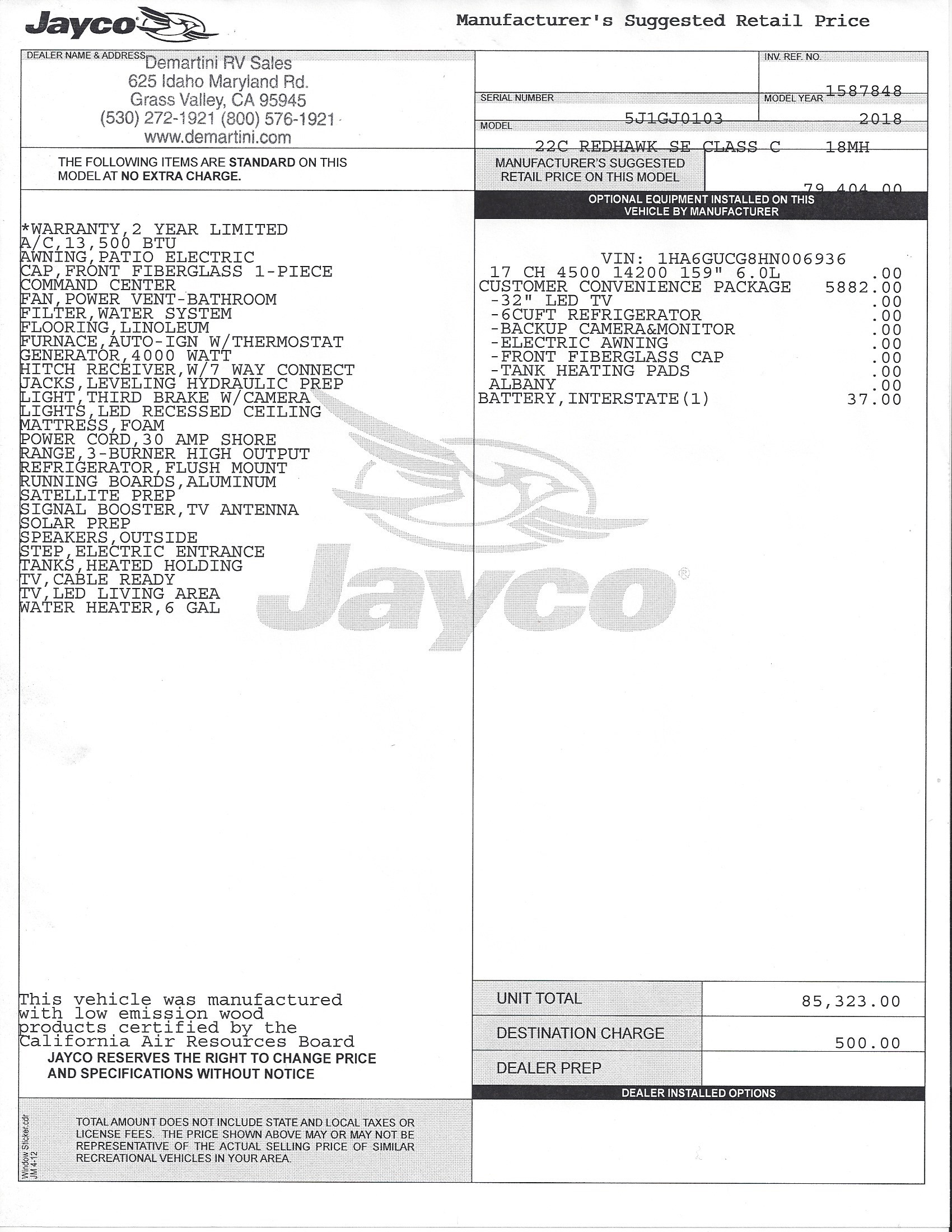 2018 Jayco Redhawk SE 22C MSRP Sheet