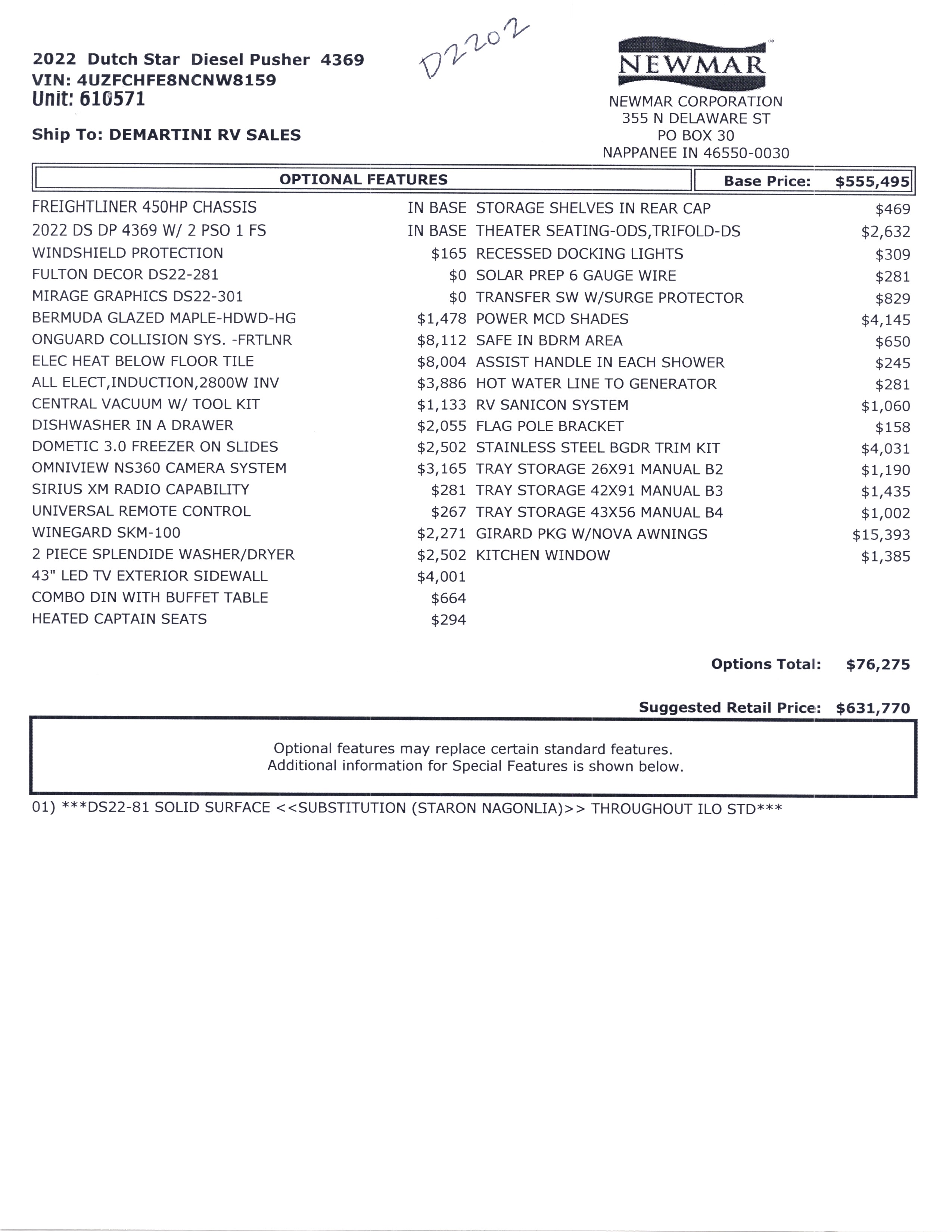 2022 Newmar Dutch Star 4369 MSRP Sheet